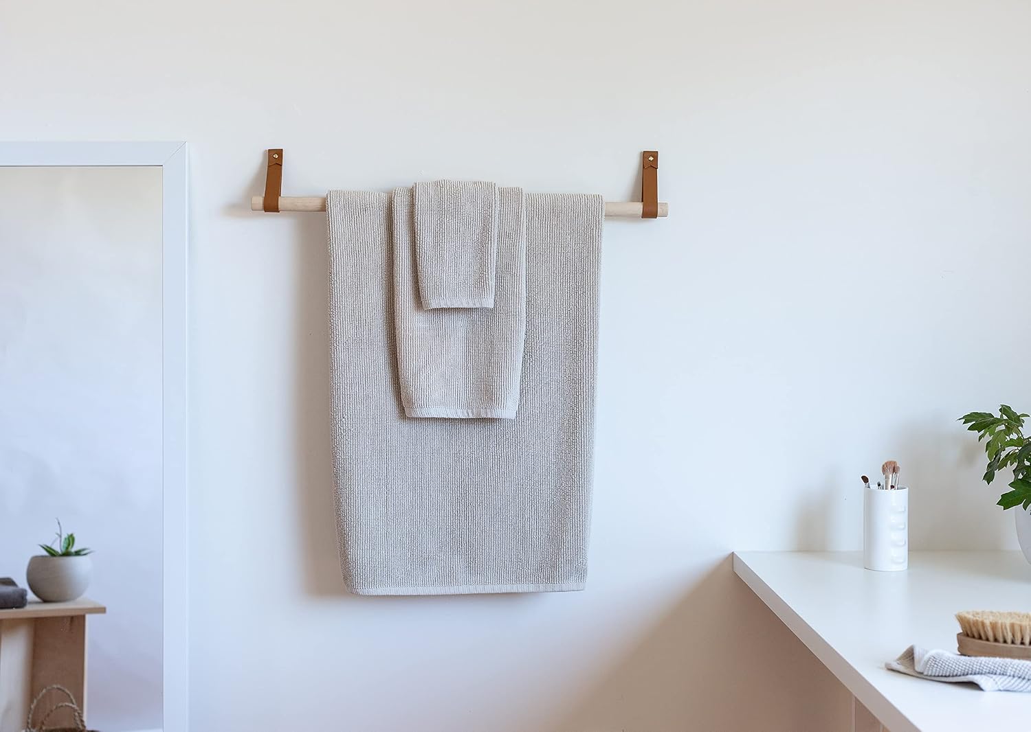 Bathroom Fixture Kit includes leather & wood Toilet Paper Roll Holder, Bath Towel Rail, leather & brass hanging Hand Towel Ring hook with gold hardware, straps are wall mounted, accessories rack