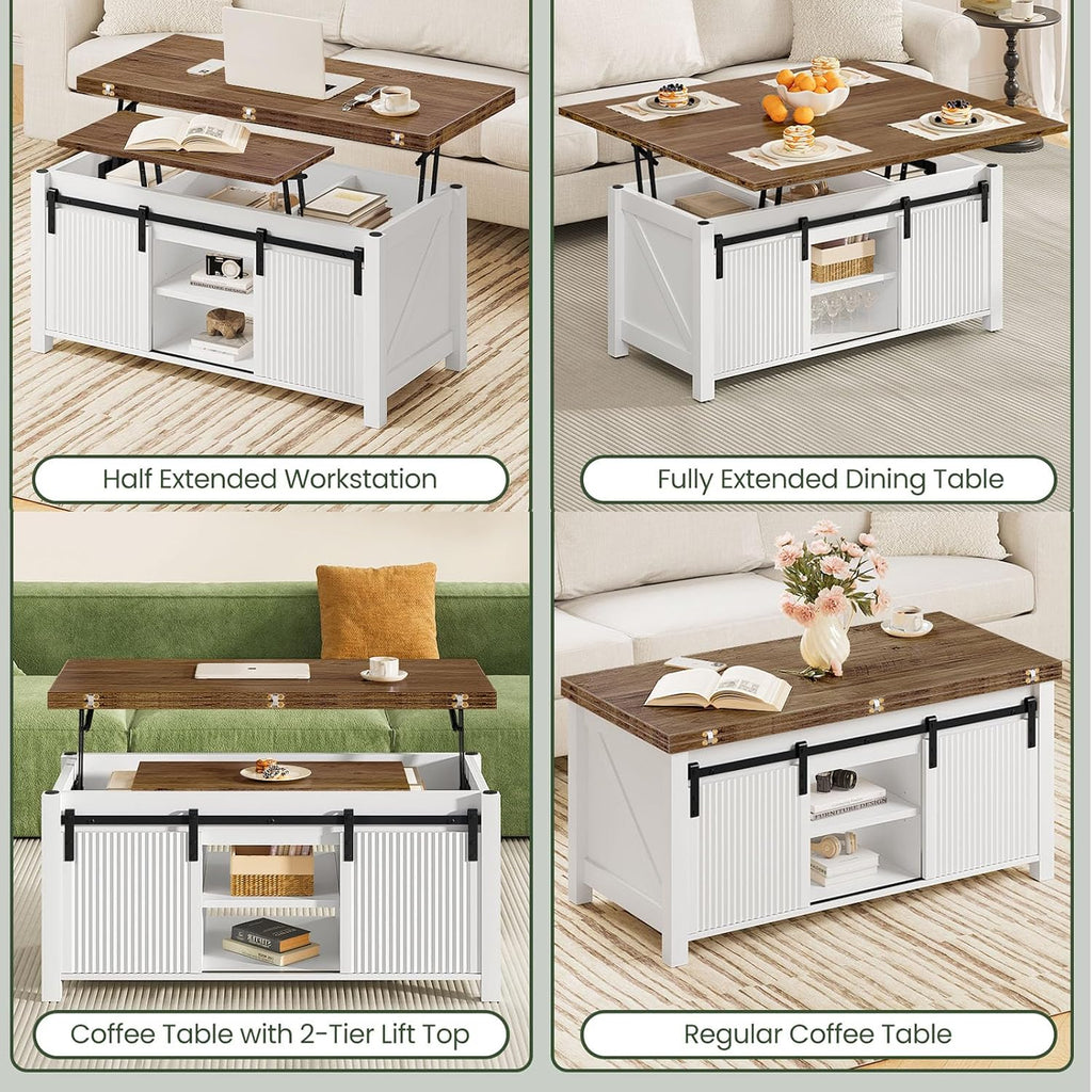 CHOEZON Lift Top Coffee Table, 4 in 1 Convertible Coffee Table, Farmhouse Coffee Tables, with Hidden Compartments, with Sliding Doors, for Living Room, Apartment, White and Walnut MKF01WL