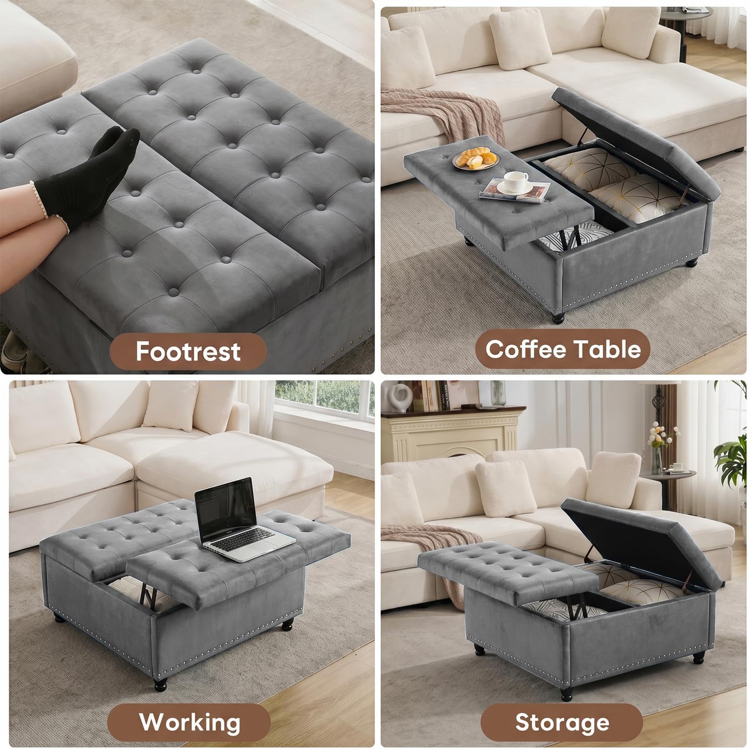 Tbfit Large Square Storage Ottoman Bench, Tufted Upholstered Coffee Table Ottoman with Lift Top & Wooden Legs, Oversized Storage Ottomans Toy Box for Living Room (Gray-Velvet)