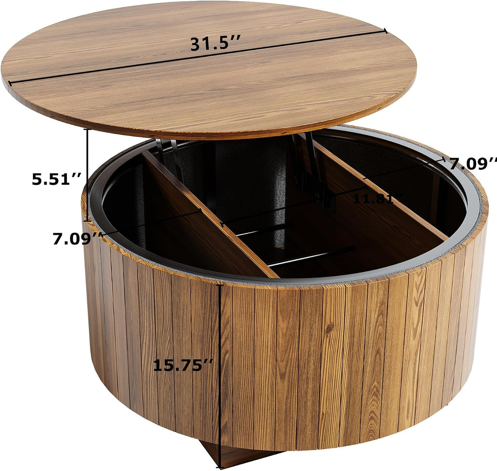 kepptory Round Lift Top Coffee Table with LED Lights, Mid Century Modern Wooden Coffee Tables with 3 Storage Space, Circle Center Table for Living Rooms,Dining Room,Bedroom Home Office,APP LED Lights