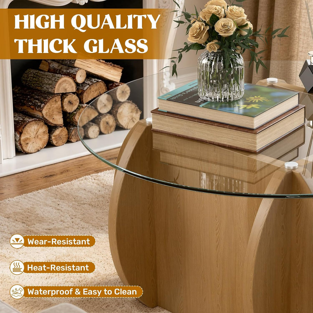 Round Glass Coffee Table, Modern Coffee Table with Glass Top and Wood Base, Minimalist Circle Coffee Table for Living Room, Small Round Coffee Table for Apartment, Office & Lounge, Natural