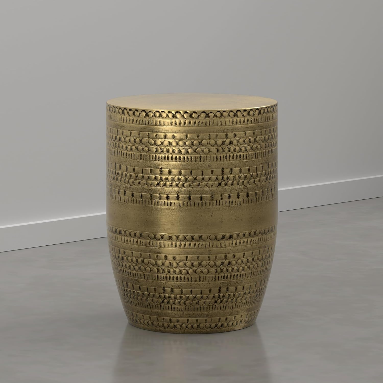 SIMPLIHOME Johnsen Tribal Accent Table – 15 inch Wide Round Metal Drum Table in Burnished Gold, Boho Modern Side Table for Living Room with Embossed Tribal Pattern, Assembled