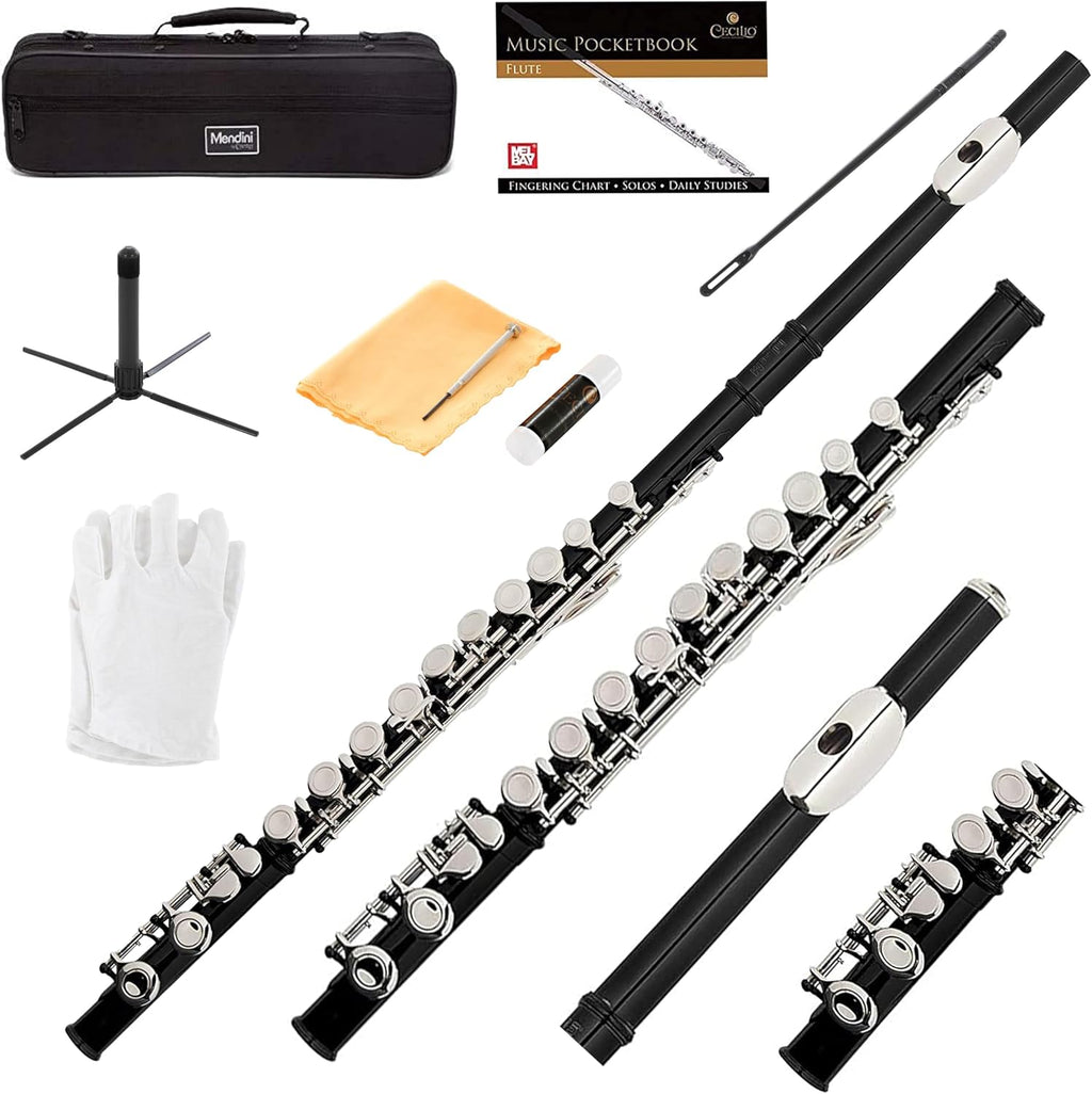 Mendini By Cecilio Flute, 16 Keys C Flute Instrument Closed Hole For Beginners with Carrying Case, Cork Grease, Stand, Lesson Book, Cleaning Kit, Gloves (Black)