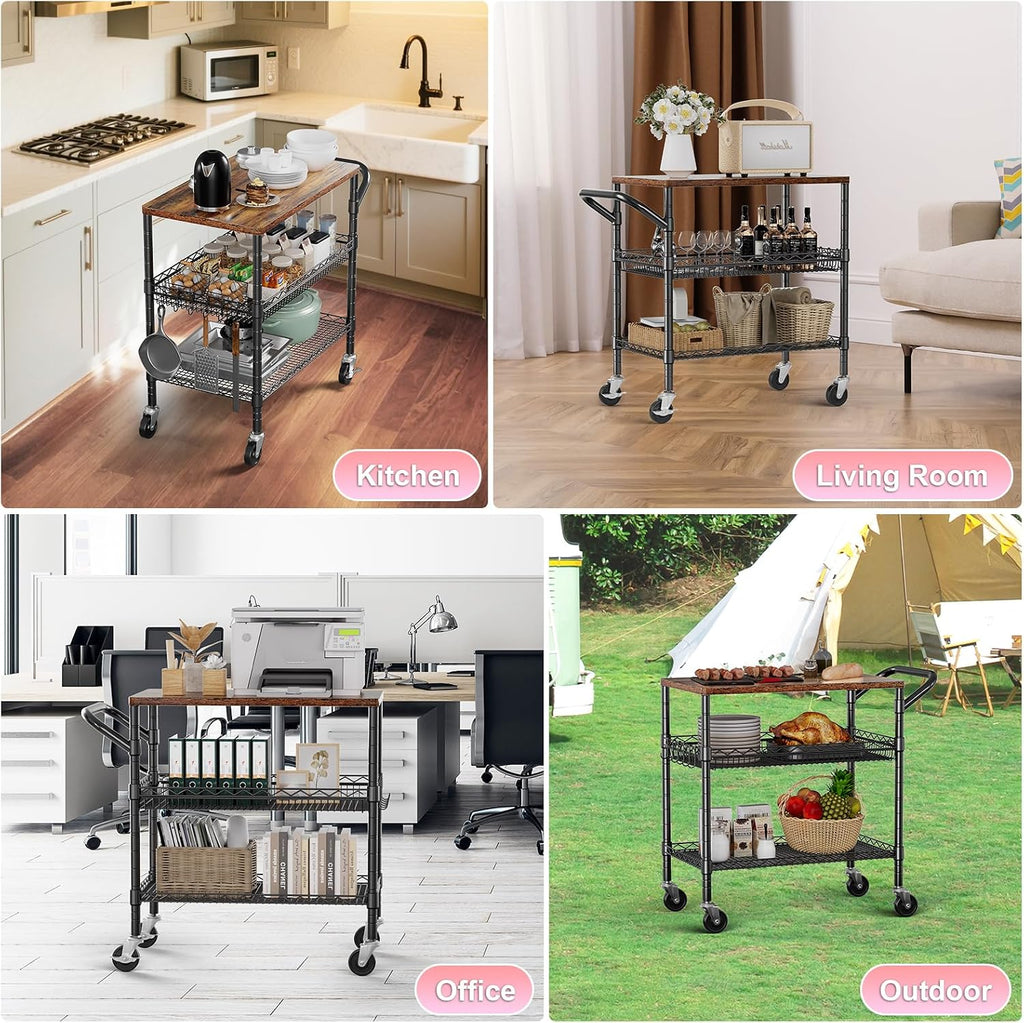 WDT 3 Tier Rolling Carts with Wheels, Heavy Duty Rolling Utility Cart with Wood Tabletop, Commercial Grade Metal Cart with Handle and Hooks, NSF Storage Serving Carts for Kitchen Island, Wood+Metal
