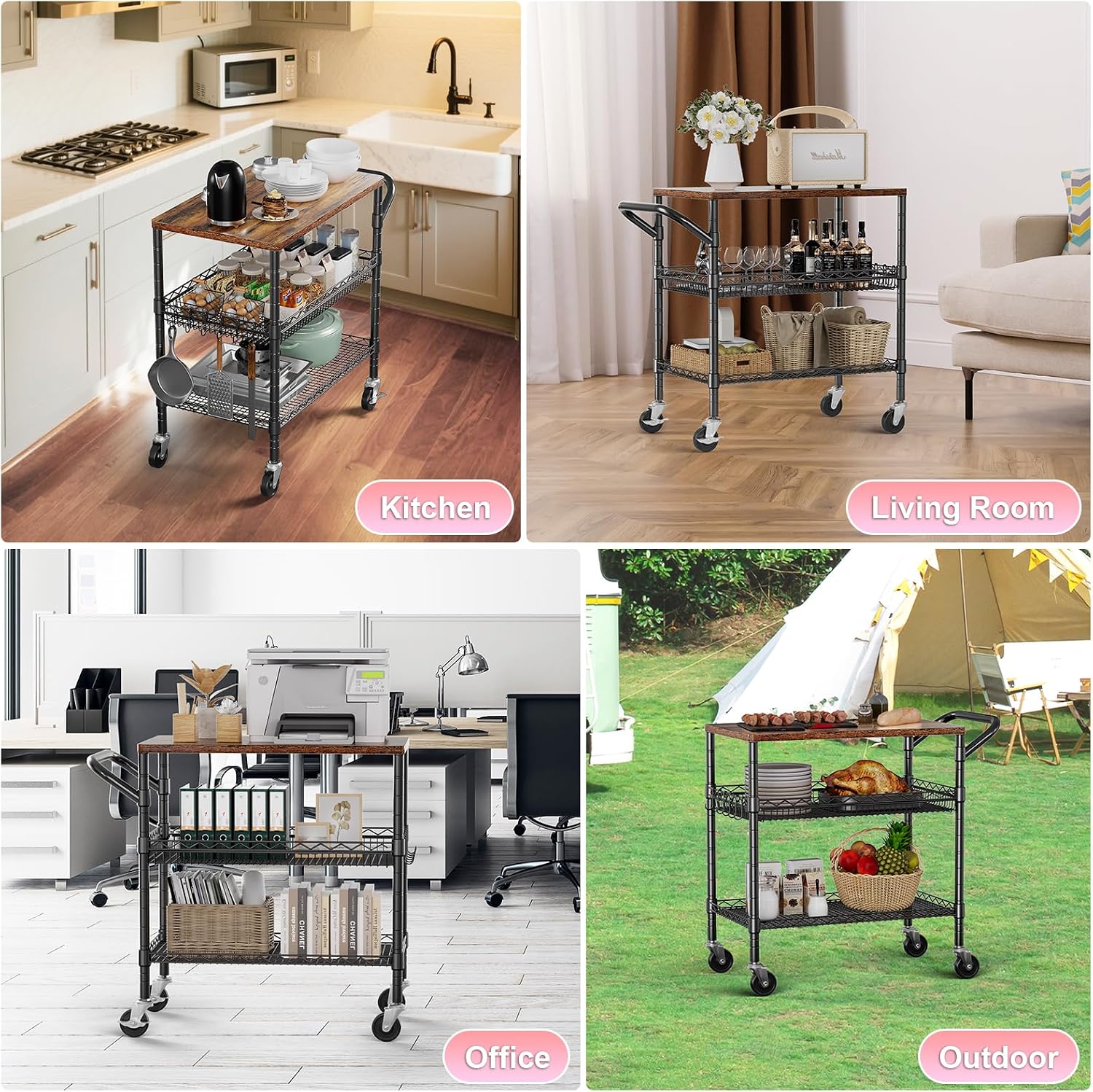 WDT 3 Tier Rolling Carts with Wheels, Heavy Duty Rolling Utility Cart with Wood Tabletop, Commercial Grade Metal Cart with Handle and Hooks, NSF Storage Serving Carts for Kitchen Island, Wood+Metal