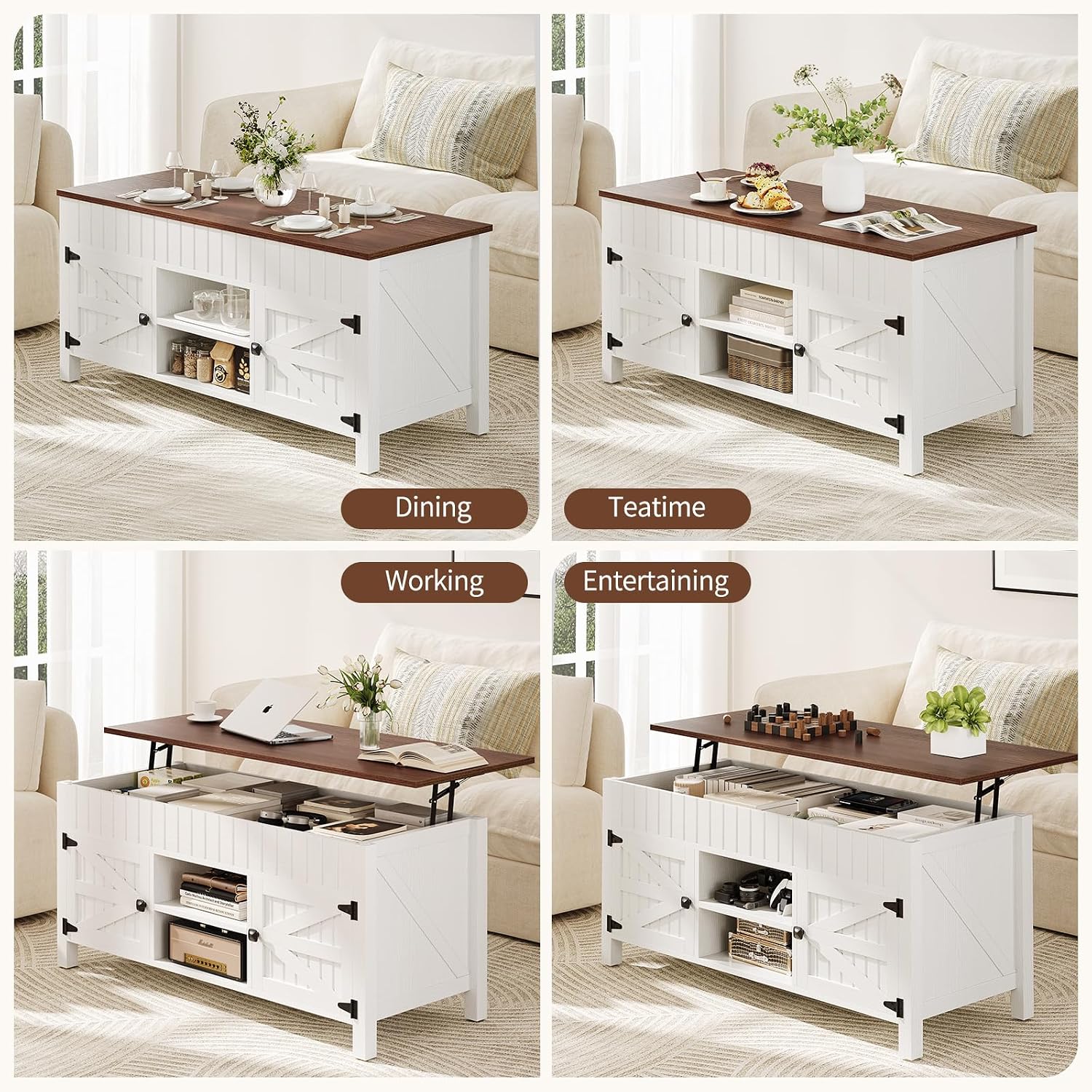 47.3' Lift Top Coffee Table with Storage - White Coffee Tables for Living Room, Farmhouse Wood Center Table, Large Rectangle Middle Tables with Hidden Compartment & Adjustable Shelf