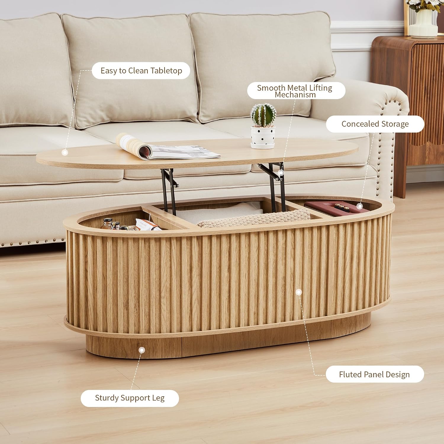 Oval Coffee Table, 43.3'' Fluted Lift Top Coffee Table with Hidden Storage Compartment, Mid Century Modern Dining Table Wooden Center Table for Living Room, Office, Small Spaces (Natural)