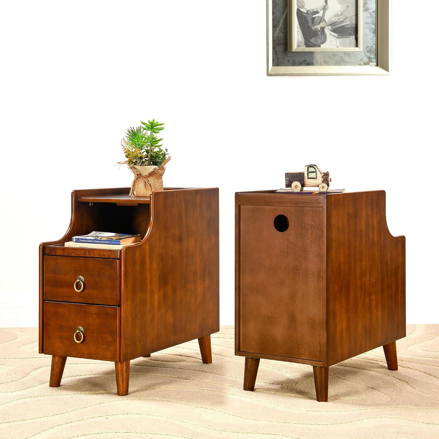 Set of 2 Storage Side End Table with 2 Drawers and Pull-Out Shelf, Small Sofa Side Table Living Room No-Tools Assembly, Solid Wood Narrow Beside Tables 11.8'W x 21.6'L x 22.9'H, Brown,BG-A1359-MG