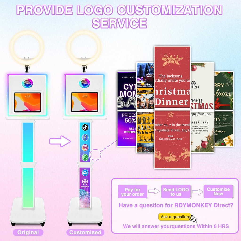 RDYMONKEY Photo Booth for All iPad and for Camera Dualuse Customized Logo Selfie Station Shell Stand APP Control RGB Ring Light Music Sync Light Box Photobooth Machine with Honeycomb Box for Rental