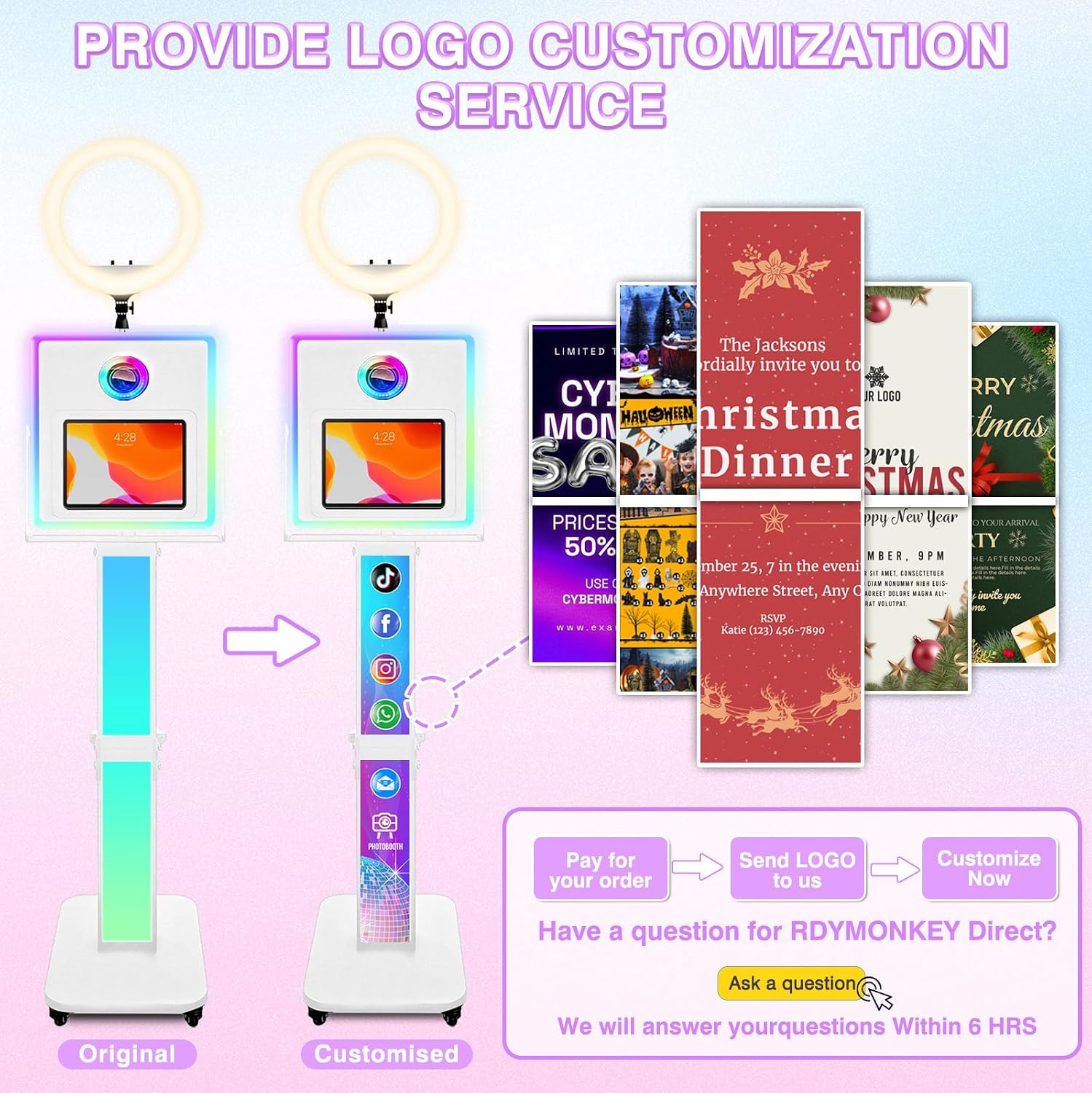 RDYMONKEY Photo Booth for All iPad and for Camera Dualuse Customized Logo Selfie Station Shell Stand APP Control RGB Ring Light Music Sync Light Box Photobooth Machine with Honeycomb Box for Rental