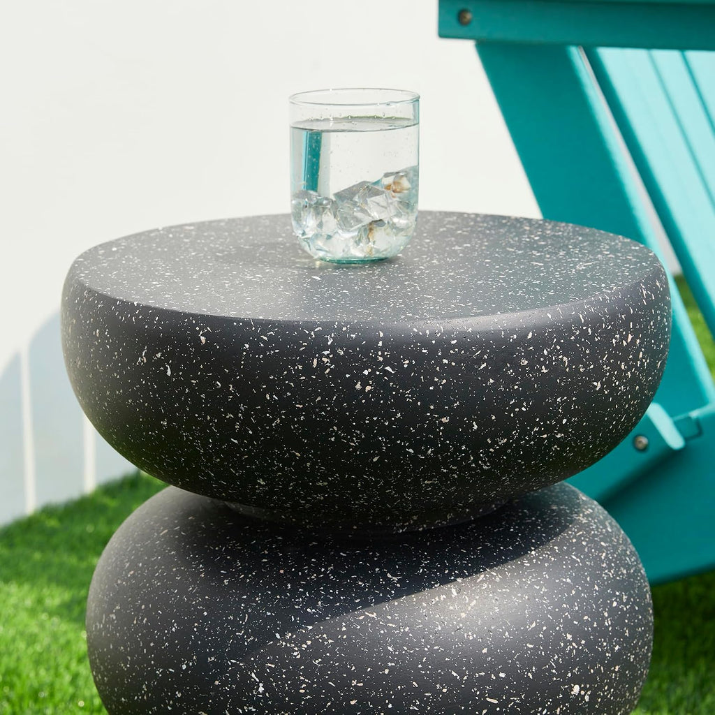 Glitzhome Outdoor Side Table, 18' H Decorative Garden Stool MGO Faux Terrazzo End Table, Heavy Duty Indoor Outdoor Round Planter Stand for Living Room Bedroom Patio Deck Poolside,Black