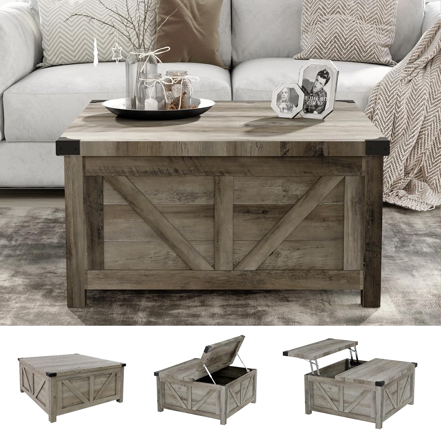 jimeimen Farmhouse Lift Top Coffee Table with Storage, Wood Square Center Table with Charging Station&USB Port, Living Room Table w/Large Hidden Space, for Living Room, Bedroom, Home Office, Grey
