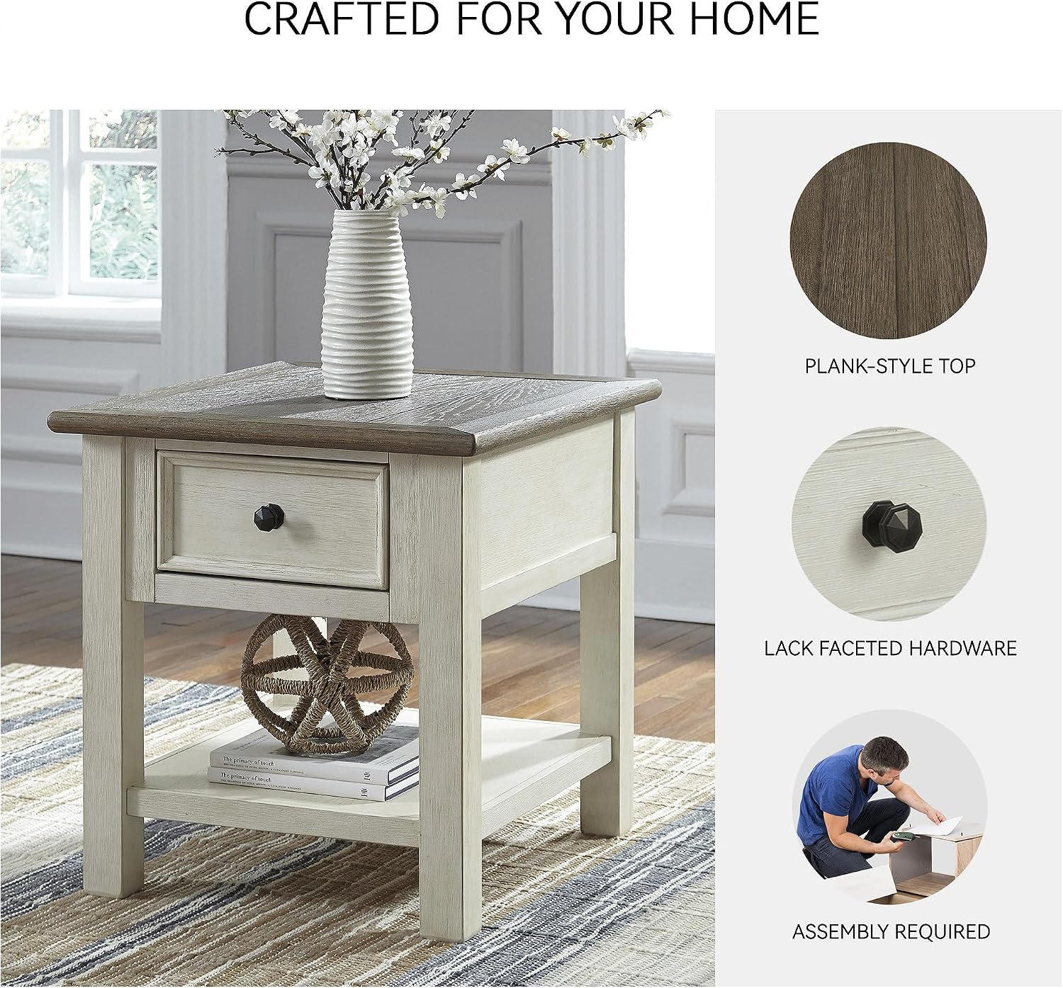 Signature Design by Ashley Bolanburg End Table for Living Room, Two-Tone Distressed Wood Side Table with Smooth-Gliding Drawer, Farmhouse Plank-Style Top, Ideal Night Stand Use, Antique White/Oak