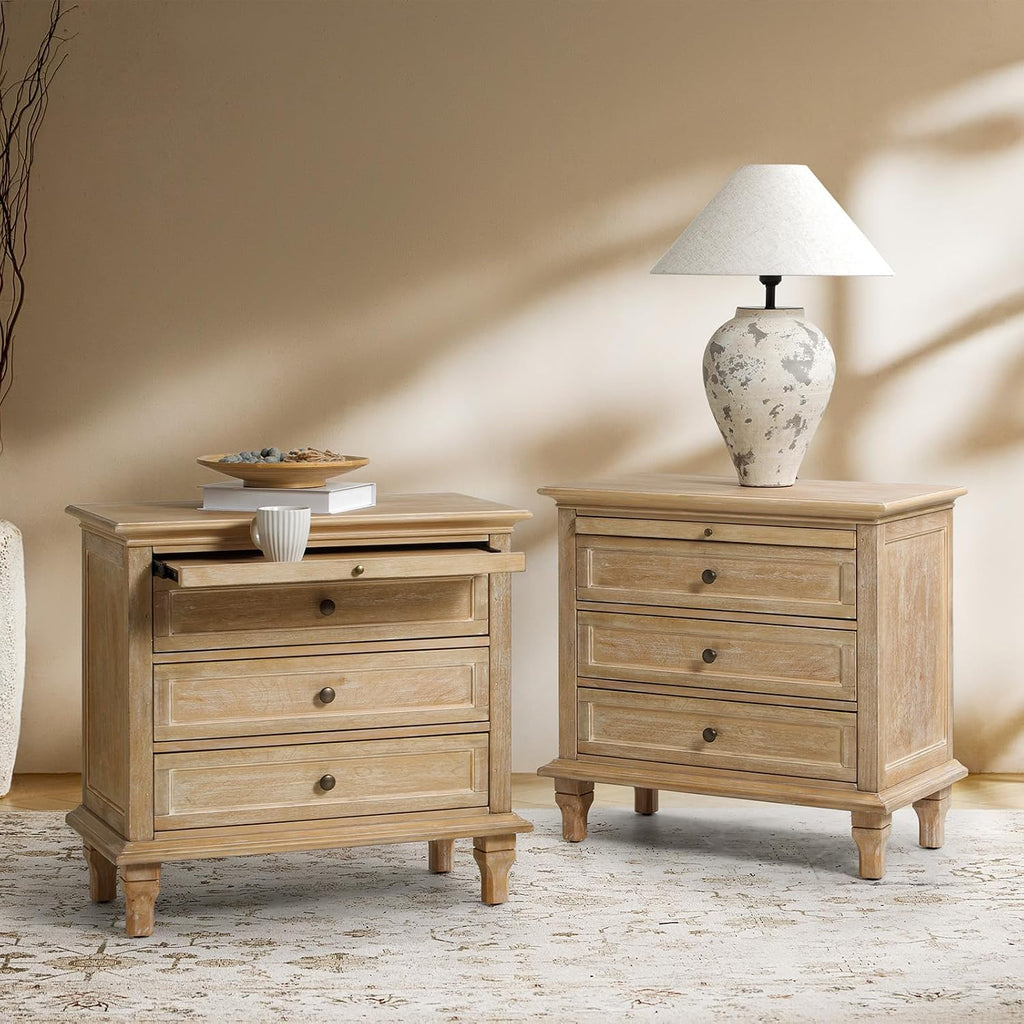 HULALA HOME Farmhouse 3 Drawer End Table with Tray, Drawer Organizer with Solid Wood Legs, End Table with Charging Station（Natural, Set of 2）
