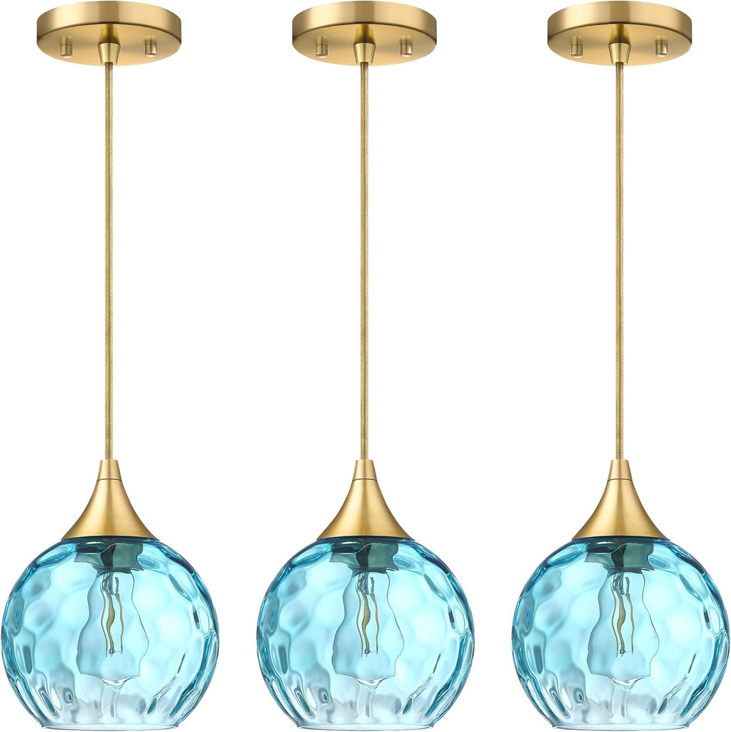 6.3' Blue Texture Glass Pendant Light 3 Pack Pendant Ceiling Light Fixture Gold Finish Modern Farmhouse Dinning Over Sink Adjustable Height Cord