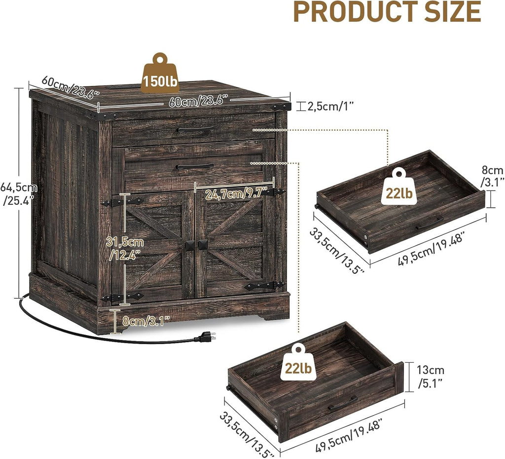 RALGEND Farmhouse End Table with Charging Station, 24'' Sofa Side Table with 2 Drawers and Barn Door, Large Rustic Wooden Square Nightstand for Bedroom, Living Room, Dark Rustic Oak