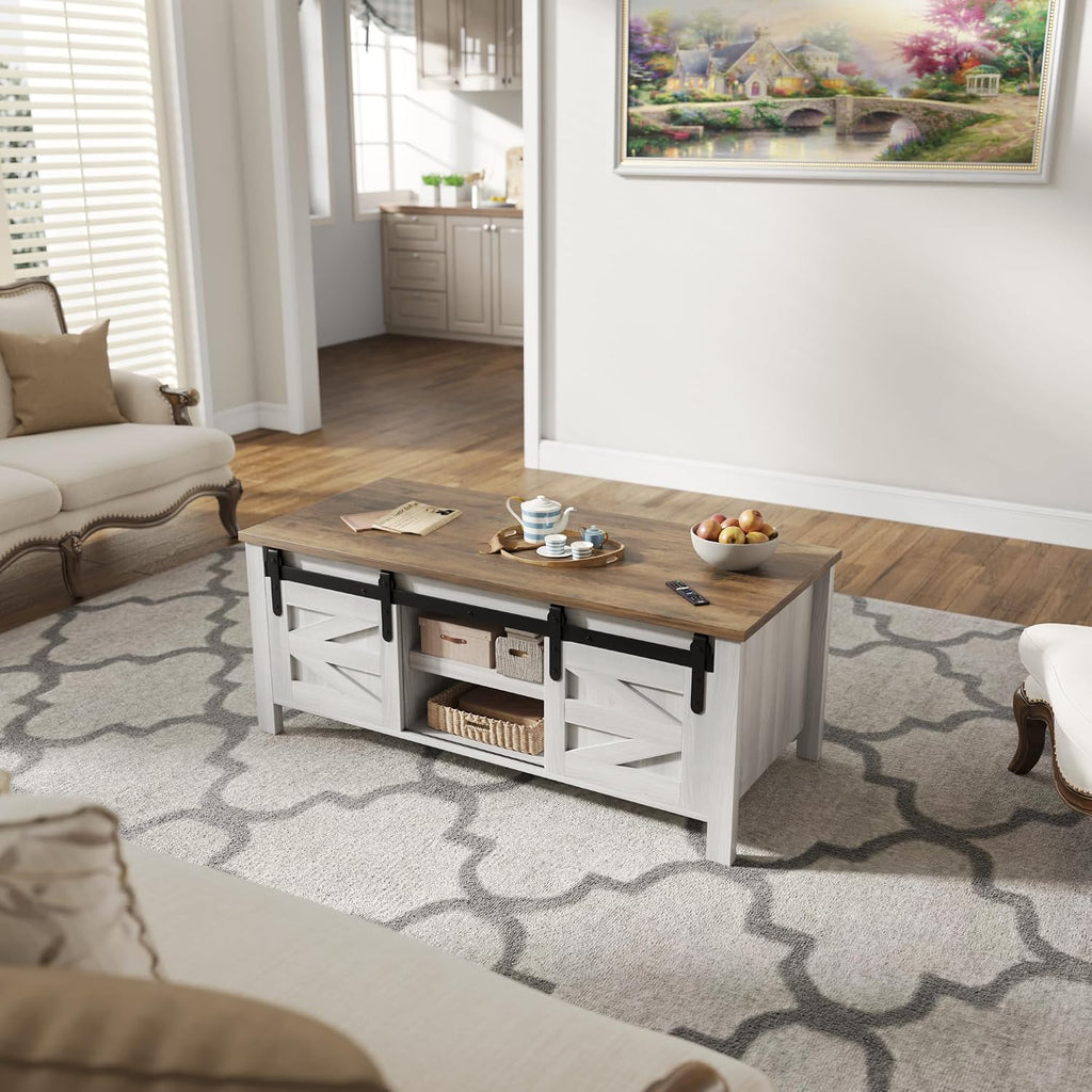 Furmax Coffee Table with Storage and Sliding Barn Doors, Farmhouse Living Room Table with Adjustable Shelves, Wood Rustic Center Table for Home Living Meeting Room (Antique White)