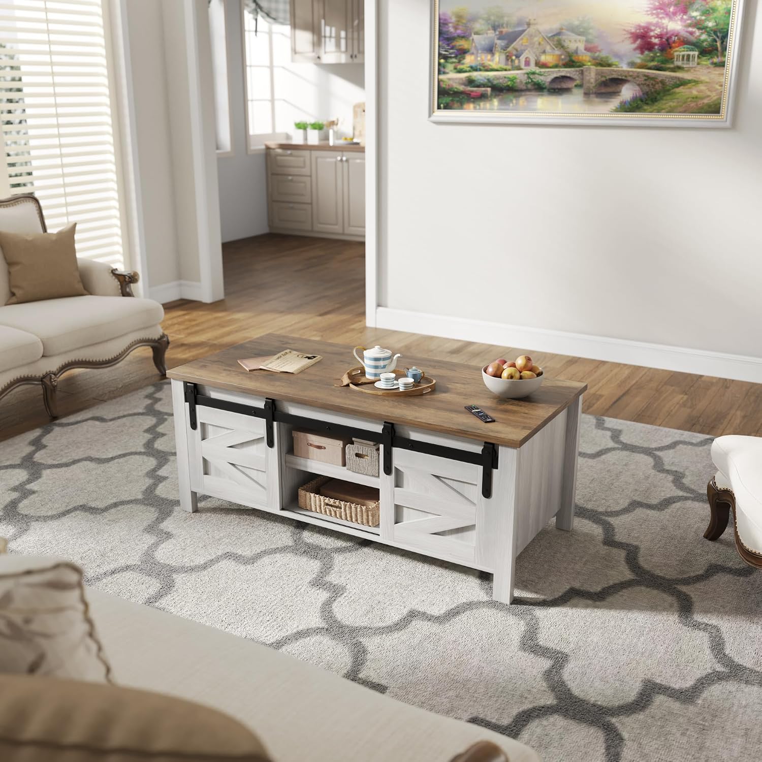 Furmax Coffee Table with Storage and Sliding Barn Doors, Farmhouse Living Room Table with Adjustable Shelves, Wood Rustic Center Table for Home Living Meeting Room (Antique White)