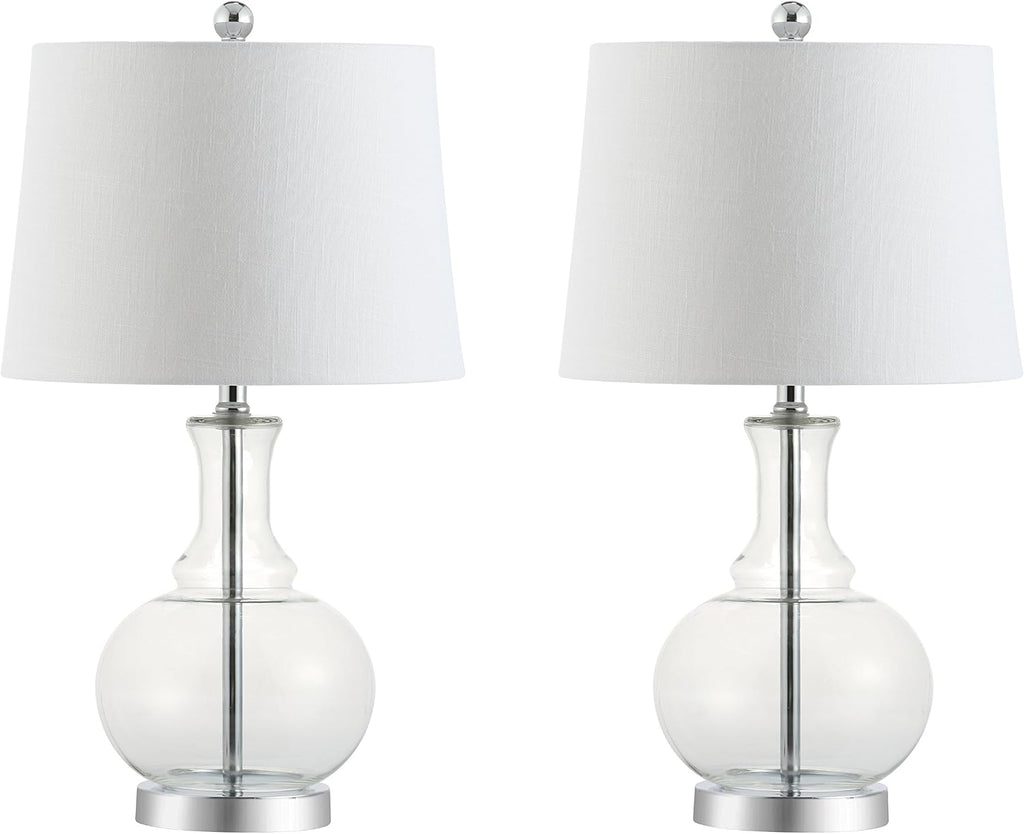 JONATHAN Y 25' Clear/Chrome and Brass Gold Glass Table Lamp Set of 2 for Bedroom, Modern Bedside Lamp for Living Room Nightstand, White Linen Drum Shade, LED Bulb Included (JYL1068B-SET2)