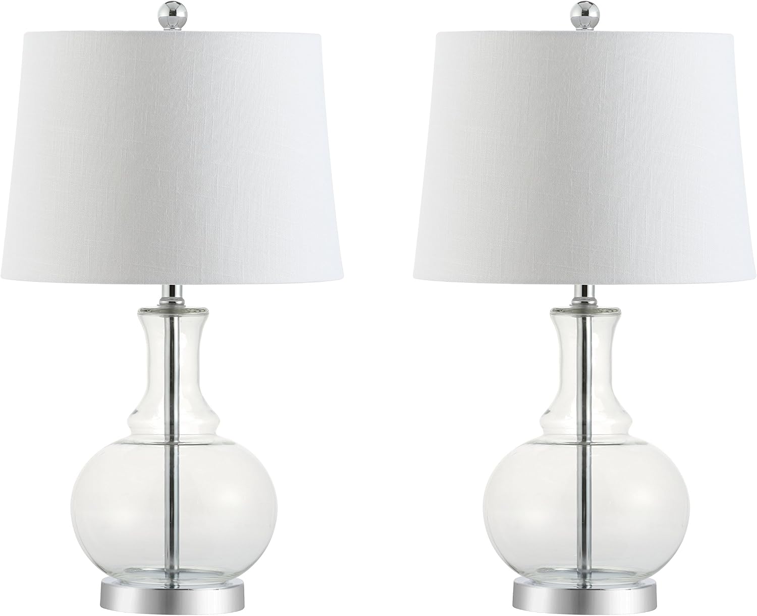 JONATHAN Y 25' Clear/Chrome and Brass Gold Glass Table Lamp Set of 2 for Bedroom, Modern Bedside Lamp for Living Room Nightstand, White Linen Drum Shade, LED Bulb Included (JYL1068B-SET2)