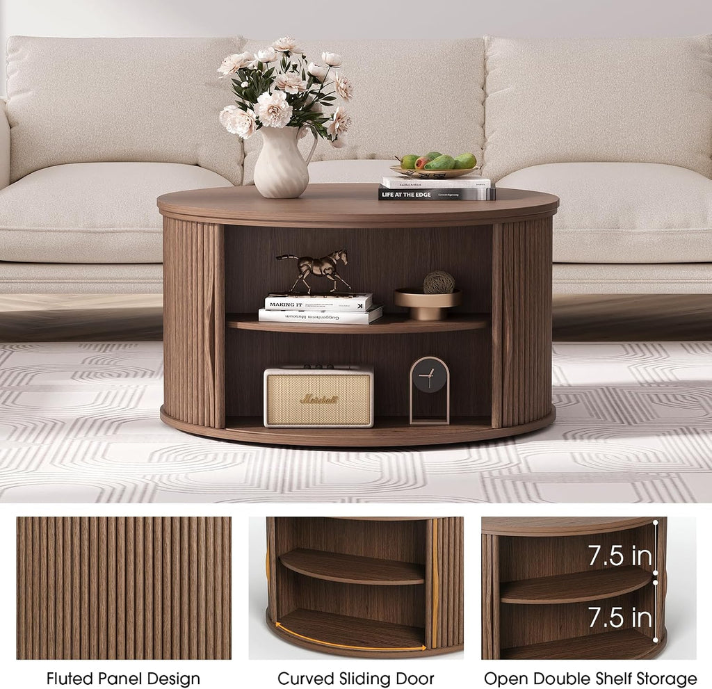 Round Lift Top Coffee Table, 31.5' Mid Century Modern Center Table with Hidden Storage, Fluted Circle Coffee Tables for Living Room, Home Office, Walnut