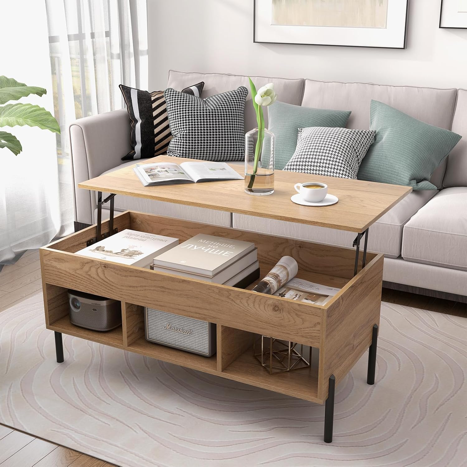 Giantex Lift Top Coffee Table - Rectangular Wooden Table w/Hidden Compartment & Open Storage Shelves, Multifunctional Modern Flip Top Center Table for Living Room, Reception Room, Office (Natural)