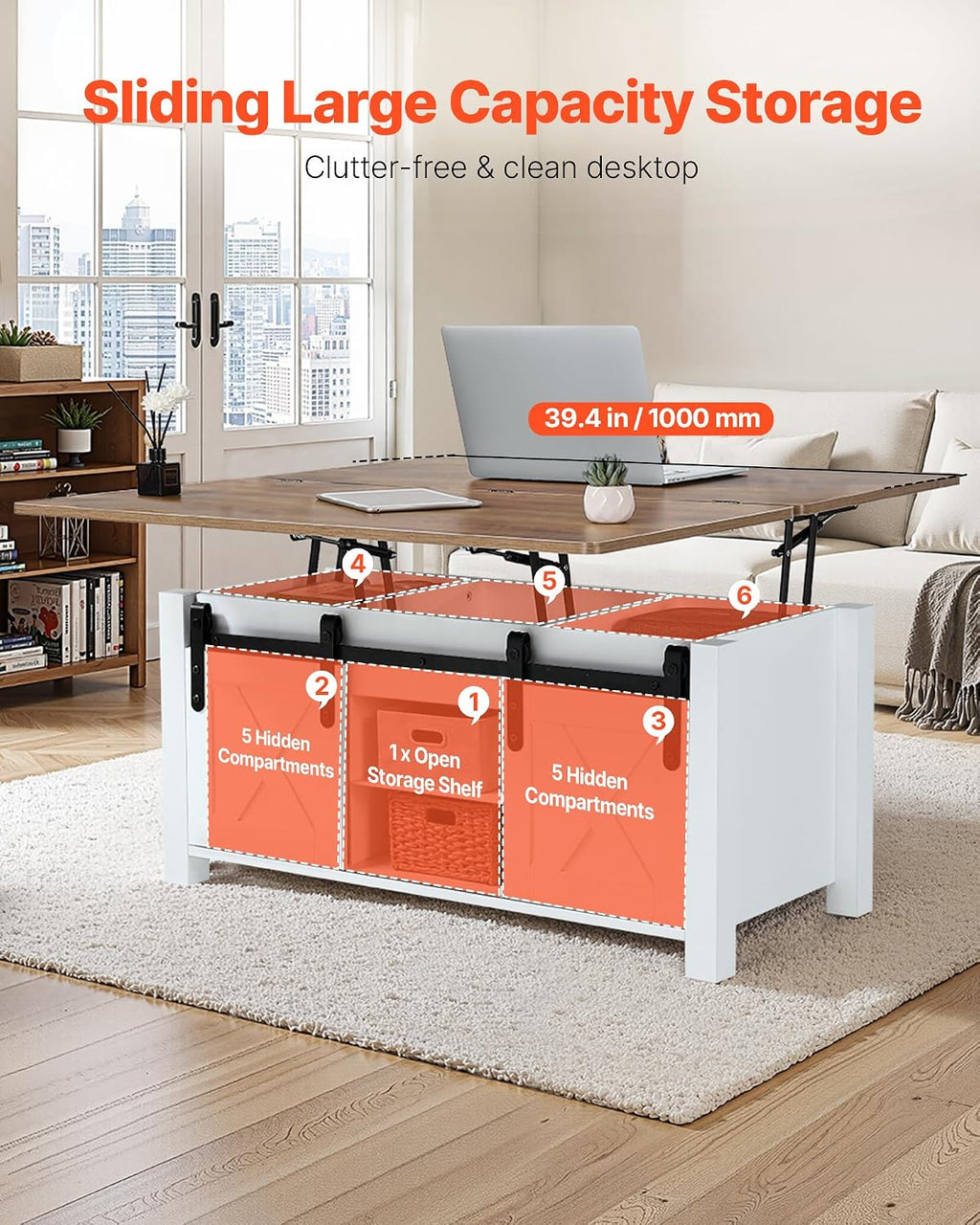 VEVOR 39.4 in Farmhouse Lift Top Coffee Table, Rustic Center Table with Barn Door and Hidden Storage Compartment, Modern Rectangle Lifting Tabletop for Living Room, Office, Home, Easy Assembly, White