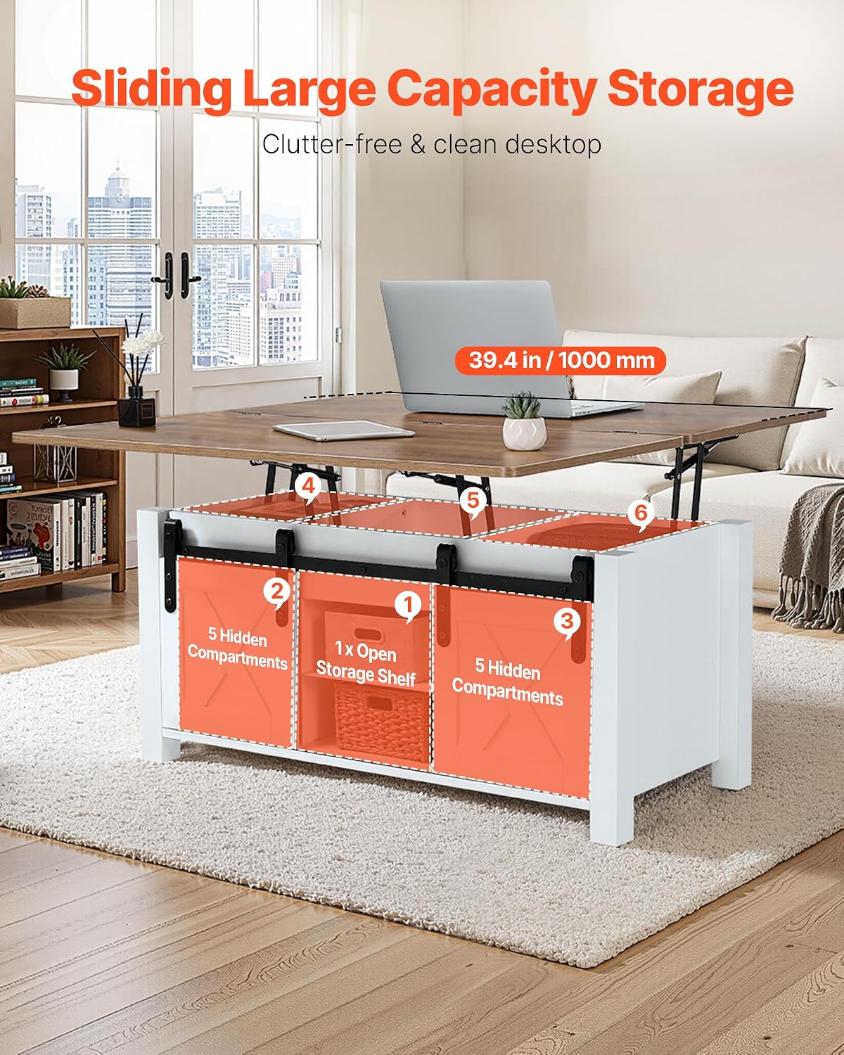 VEVOR 39.4 in Farmhouse Lift Top Coffee Table, Rustic Center Table with Barn Door and Hidden Storage Compartment, Modern Rectangle Lifting Tabletop for Living Room, Office, Home, Easy Assembly, White