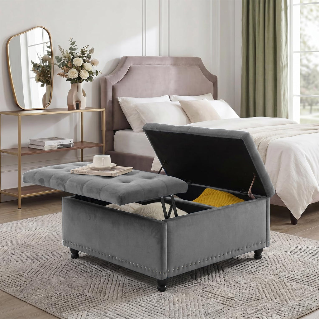 Tbfit Large Square Storage Ottoman Bench, Tufted Upholstered Coffee Table Ottoman with Lift Top & Wooden Legs, Oversized Storage Ottomans Toy Box for Living Room (Gray-Velvet)
