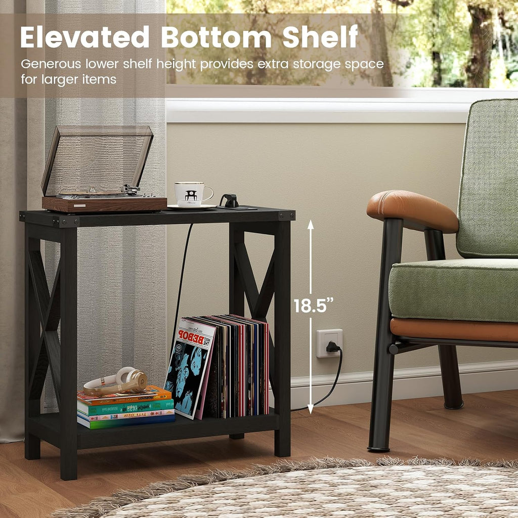 Hadulcet Farmhouse End Tables Living Room Set of 2 - Narrow Side Table with Charging Station, Slim Nightstand for Small Space, Skinny Bedside Table, Sofa Side Table with Storage Shelf, Black