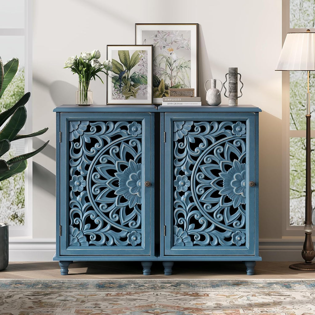 JOINICE End Table with Storage, 28' Tall Blue Side Table with Carved Door & Adjustable Shelf, Small Accent Cabinet with Solid Wood Legs for Living Room & Bedroom, Distressed Farmhouse Style