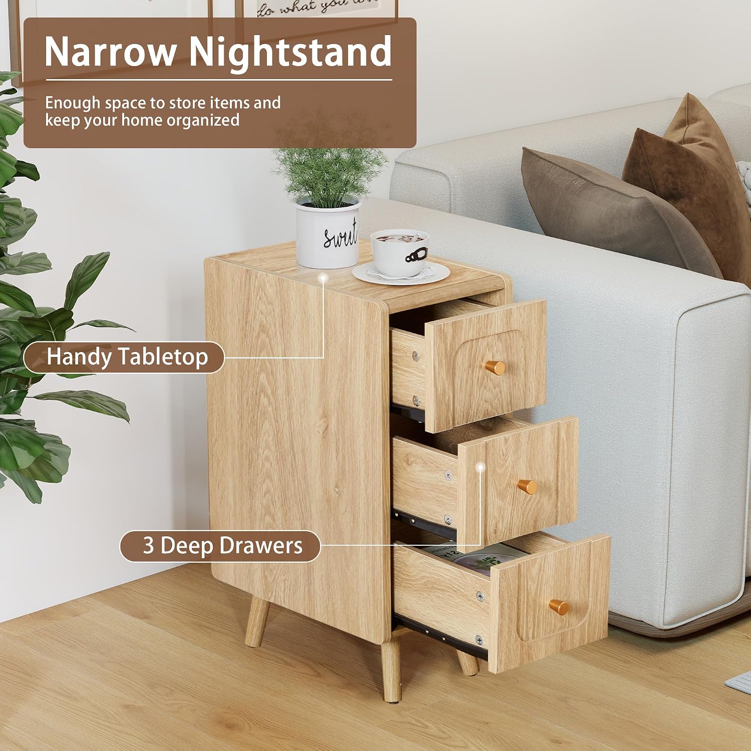 Small Nightstand Set of 2, Narrow Nightstand Slim Couch Side Table with Drawers, Wood End Tables with Storage for Living Room, Bedroom, Small Spaces (Natural-2pcs)
