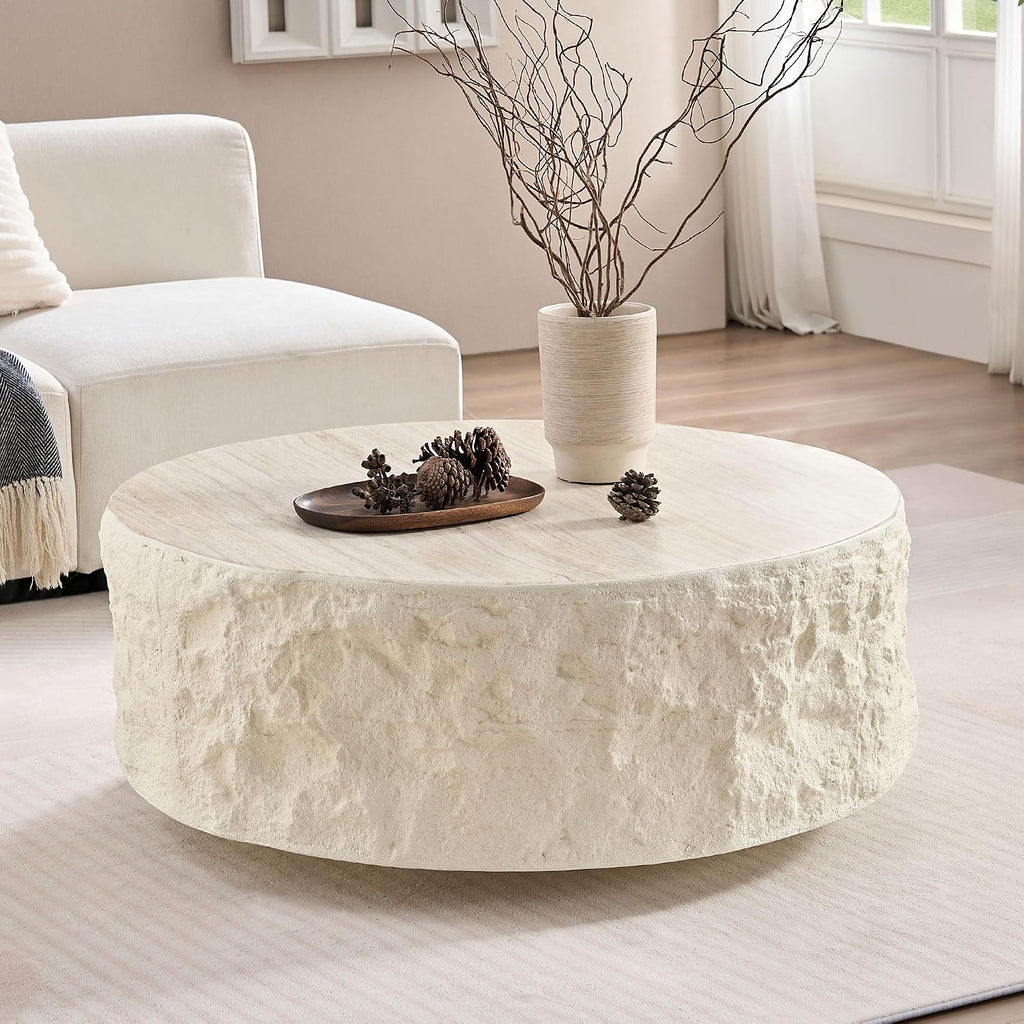 Round Coffee Table for Living Room Circle Coffee Table Modern Drum Center Table for Apartment, No Need Assembly (Fiberglass 35.43'' Cement Stone Pattern) | for Living Room