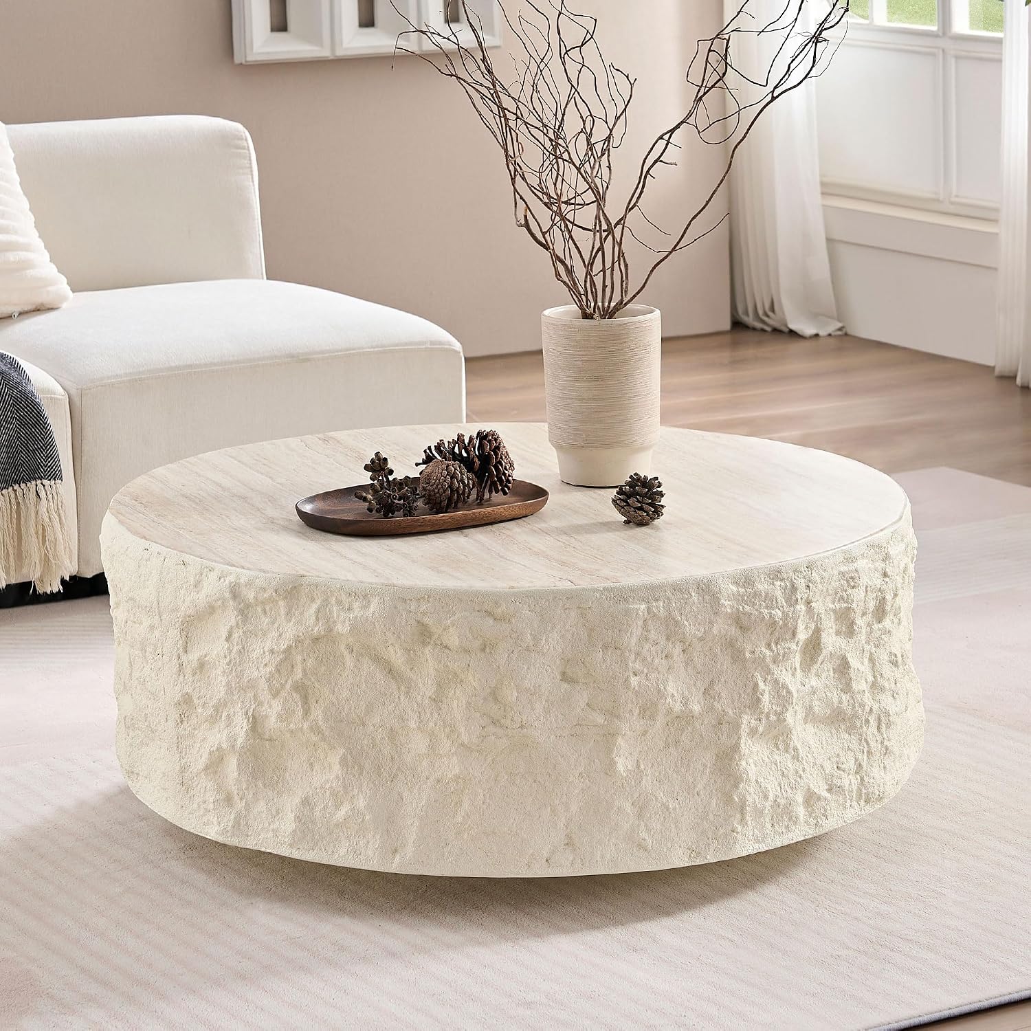 Round Coffee Table for Living Room Circle Coffee Table Modern Drum Center Table for Apartment, No Need Assembly (Fiberglass 35.43'' Cement Stone Pattern) | for Living Room