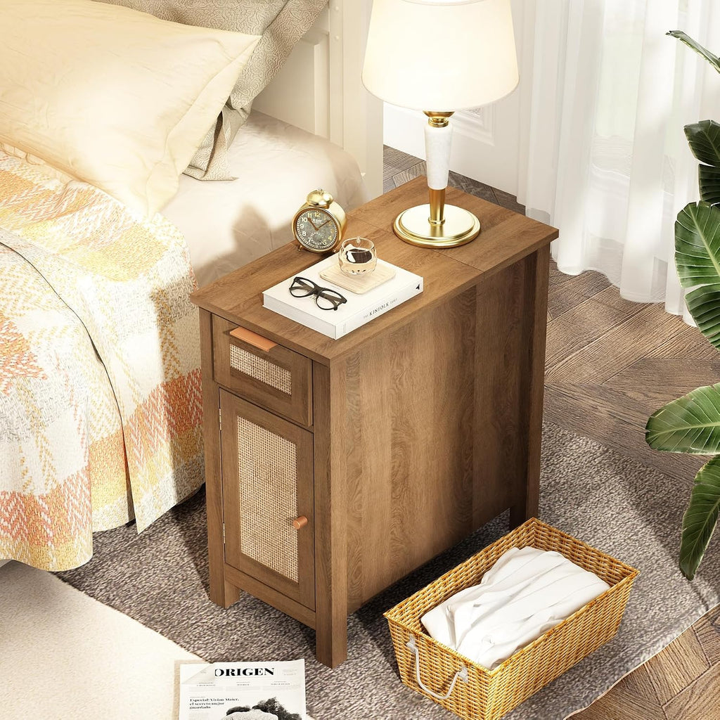 Narrow End Table with Charging Station - Midcentury Rattan Slim Side Table with USB Ports and Power Outlets, Nightstand with Flip Top and Storage Drawer, for Small Spaces Living Room Bedroom, Set of 2