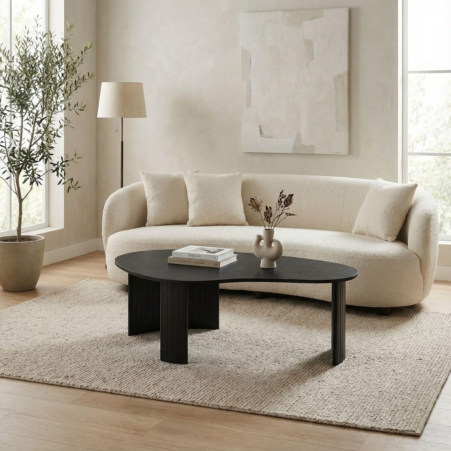 Hyfirm Modern Black Wood Coffee Table 47.25 Inch for Living Room, Sturdy Center Table with Irregular Mango Top and Fluted Legs for Small Apartment
