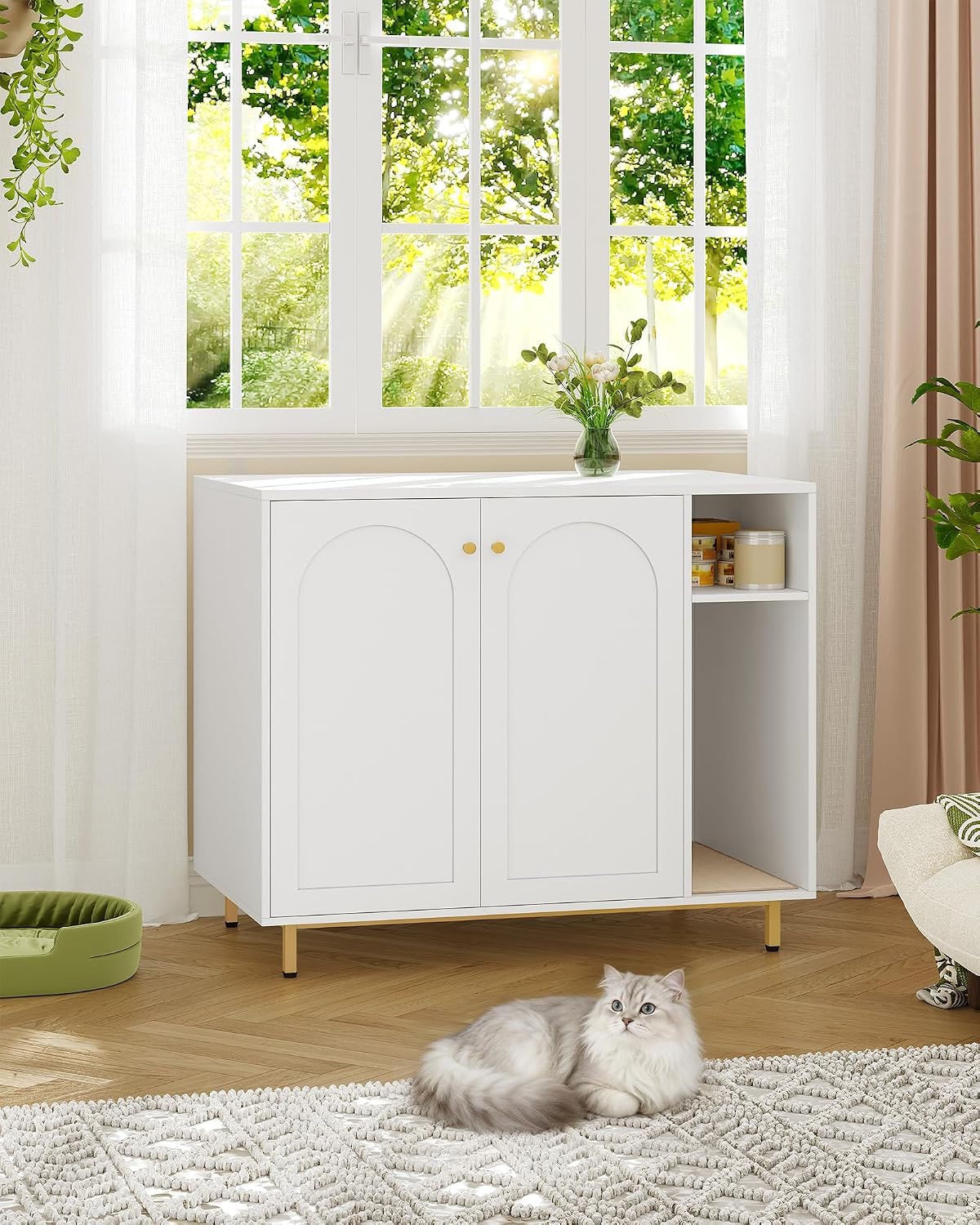 Hzuaneri Extra Large Cat Litter Box Enclosure, Automatic Litter Box Furniture with Scratch Pad, Wooden Modern Self-Cleaning Cat Cabinet with Storage, Cat Washroom, End Table, White and Gold CB87103G