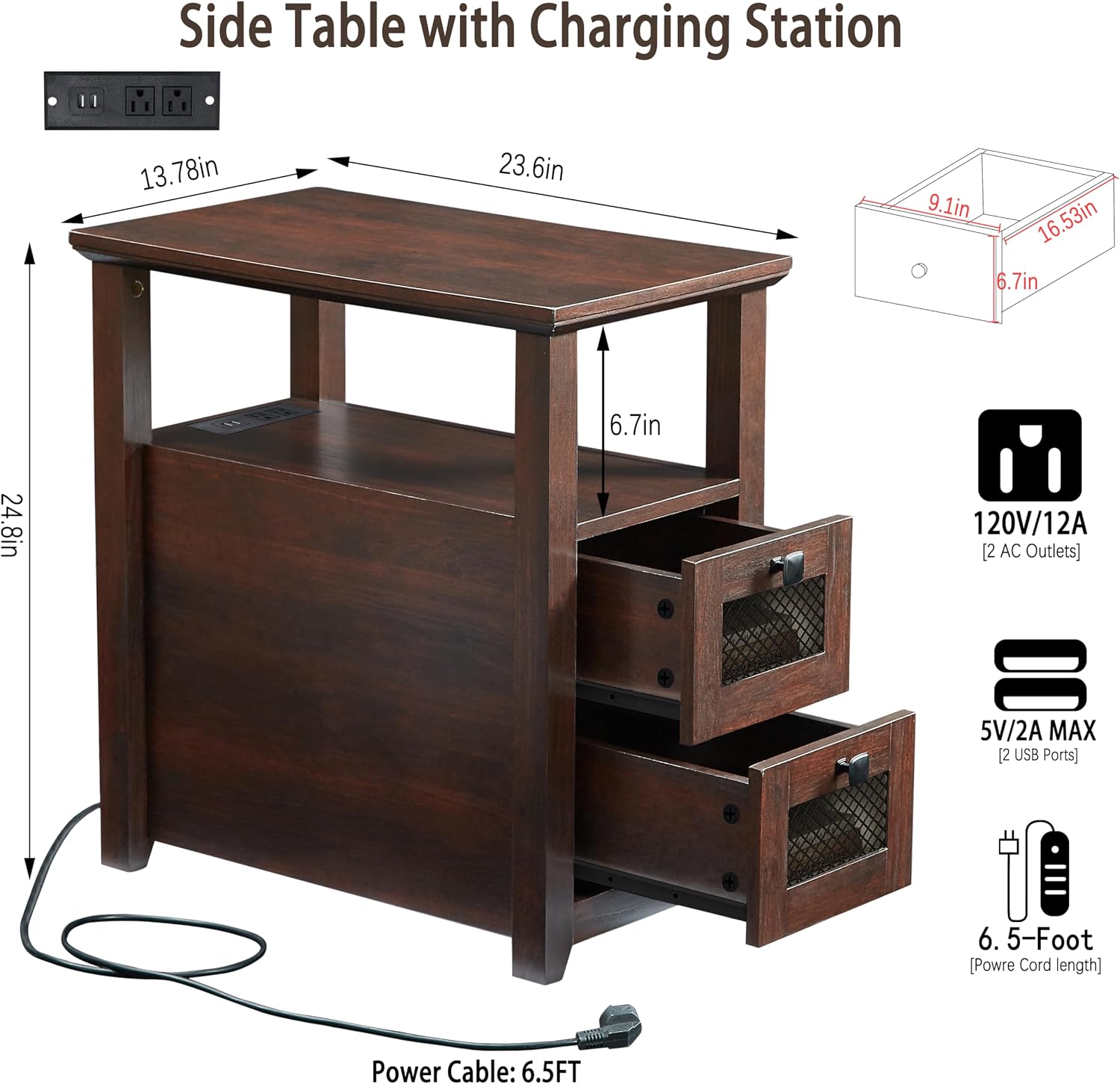 HDDDZSW Farmhouse XXL End Table with Charging Station, Narrow Side Table with USB Ports and Outlets, Nightstand with 2 Drawers Storage, Bedside Tables for Living Room, Bedroom, Rustic Cherry