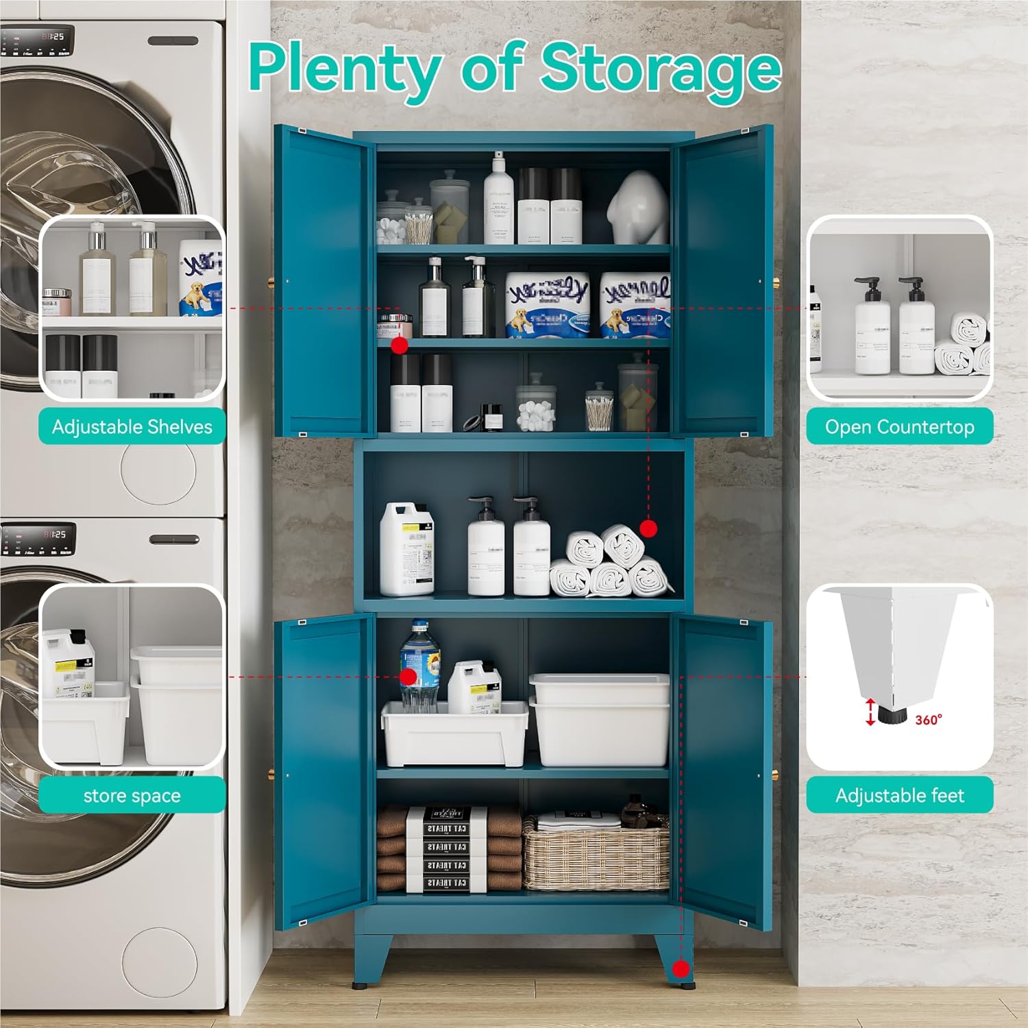 69' Tall Pantry Cabinet with Open Shelf,13.78'Deep By 28' Wide Storage Cabinet with Doors and Adjustable Shelves,Microwave Stand,for Kitchen Dining Room Living Room Bathroom,Teal Blue,1Pc