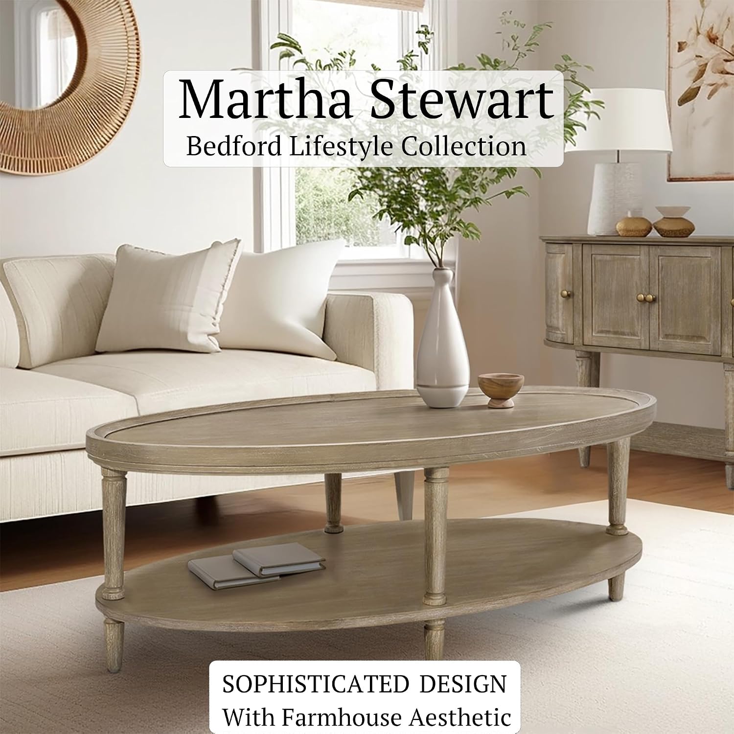 Martha Stewart Ayanna Round Coffee Table for Living Room, Bedford Collection, Farmhouse Coffee Table with Shelving for Storage, Modern Farmhouse Living Room Table, 48' Wide Reclaimed Greige