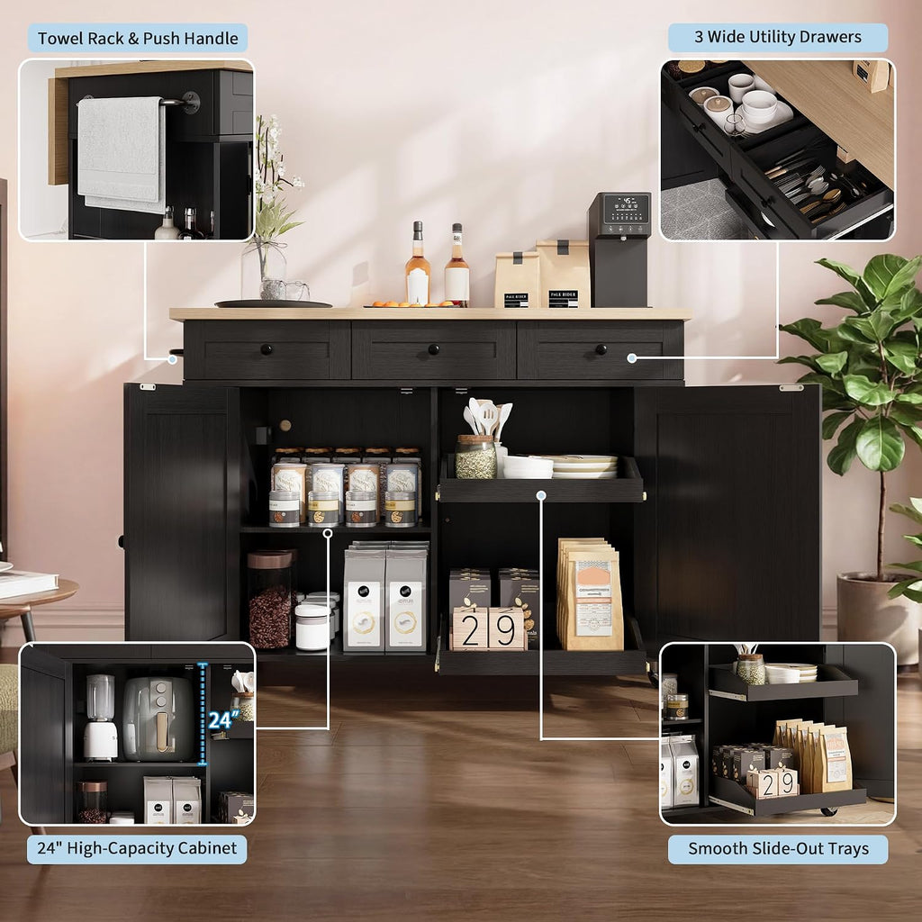 IDEALHOUSE Rolling Kitchen Island with Drop Leaf Countertop, Charging Station & Ample Storage - 47.2' Mobile Kitchen Cart On Wheels with Pull-Out Shelves, Drawers, Spice Rack & Organizer Divider