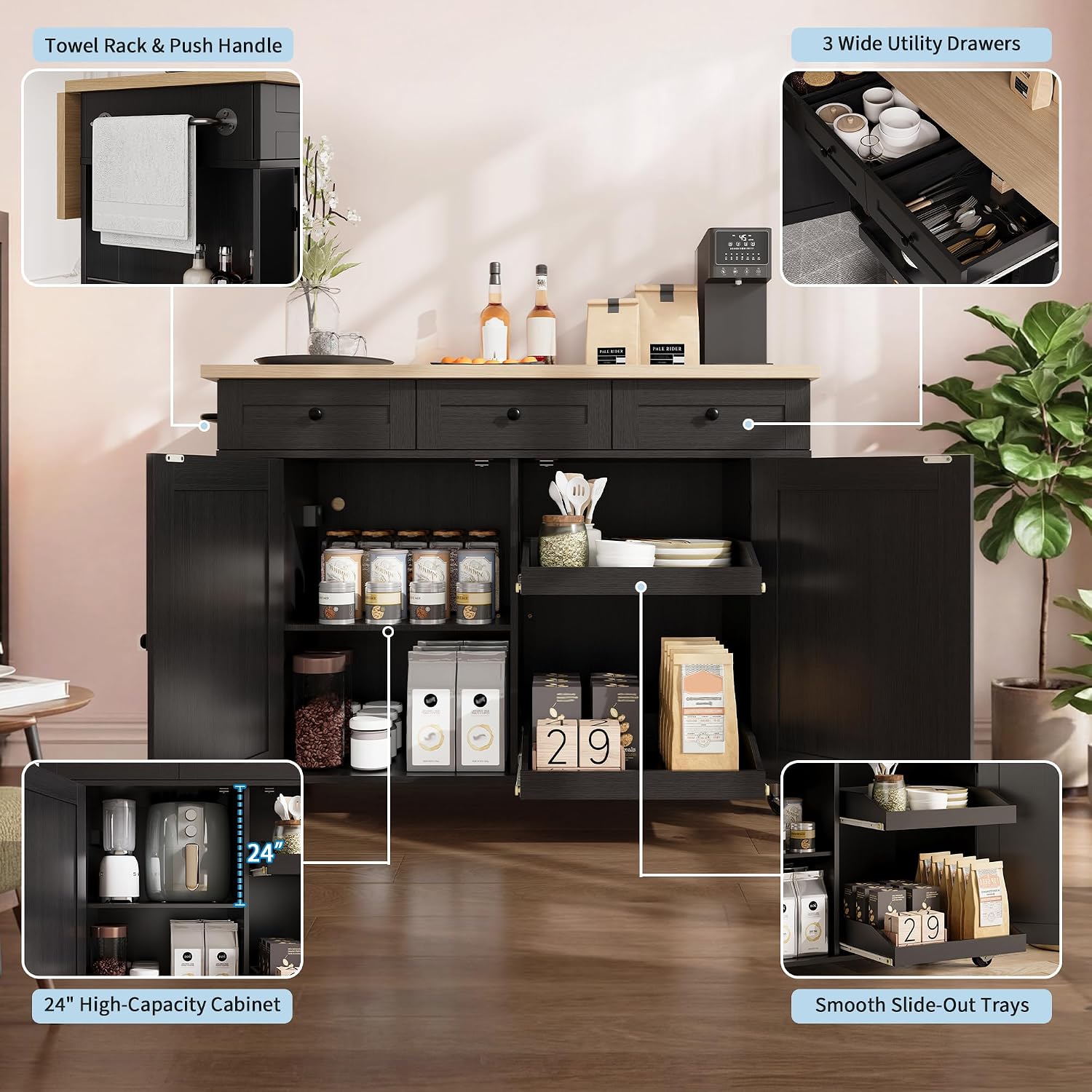 IDEALHOUSE Rolling Kitchen Island with Drop Leaf Countertop, Charging Station & Ample Storage - 47.2' Mobile Kitchen Cart On Wheels with Pull-Out Shelves, Drawers, Spice Rack & Organizer Divider