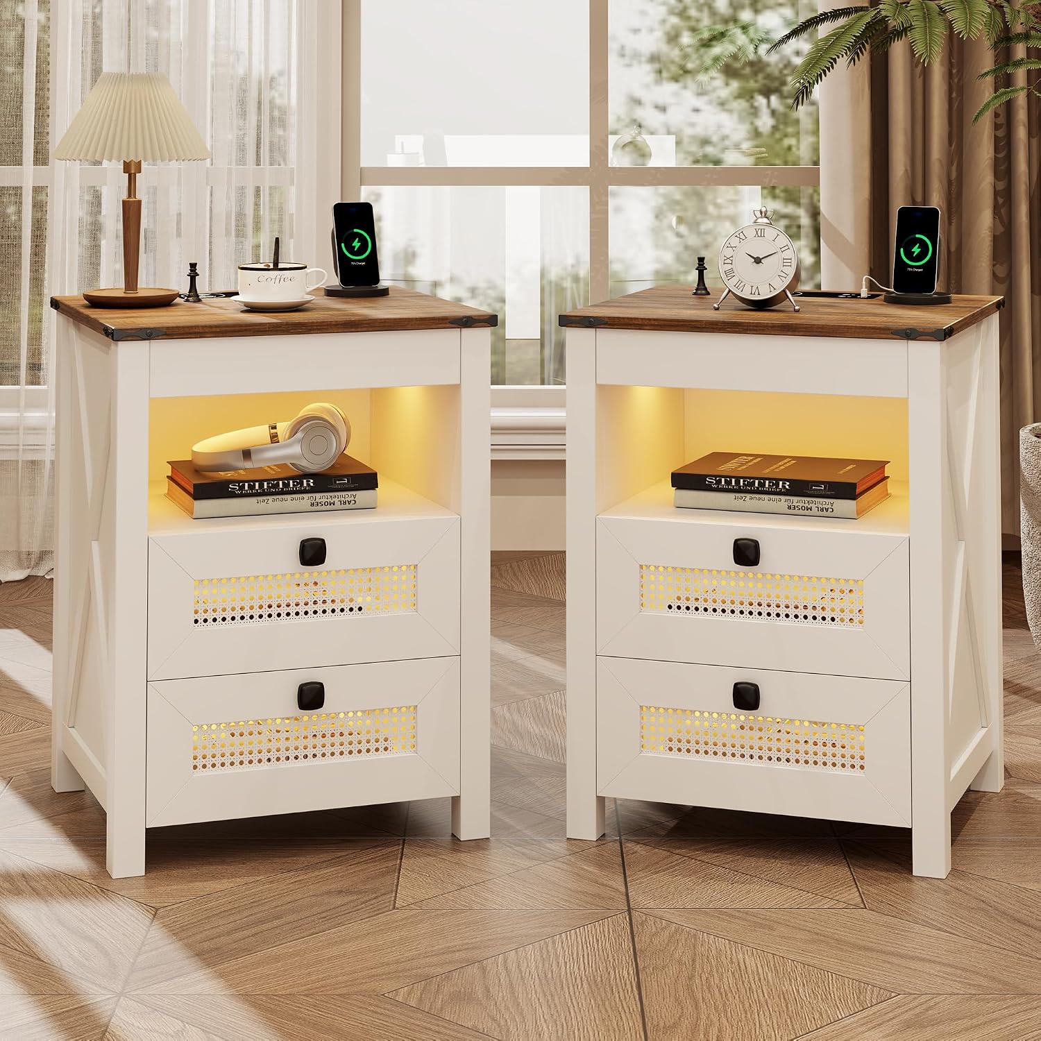 Bedside Table Set of 2 with Charging Station, Nightstand with Gun Drawer, LED Night Stand with Human Sensor Light, Farmhouse End Table for Bedroom Living Room, White