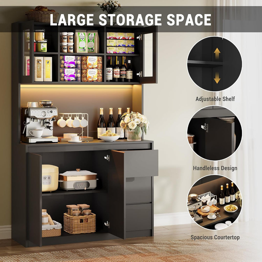 GarveeHome 71' Tall Kitchen Pantry Cabinet, Kitchen Storage Hutch with Led Lights and Power Outlets, Microwave Stand, Glass Door, Adjustable Shelves, Handless Design, Cream White