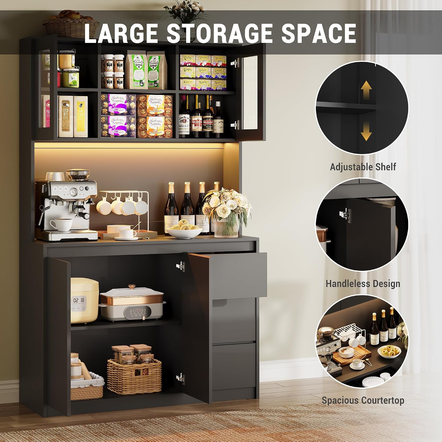 GarveeHome 71' Tall Kitchen Pantry Cabinet, Kitchen Storage Hutch with Led Lights and Power Outlets, Microwave Stand, Glass Door, Adjustable Shelves, Handless Design, Cream White