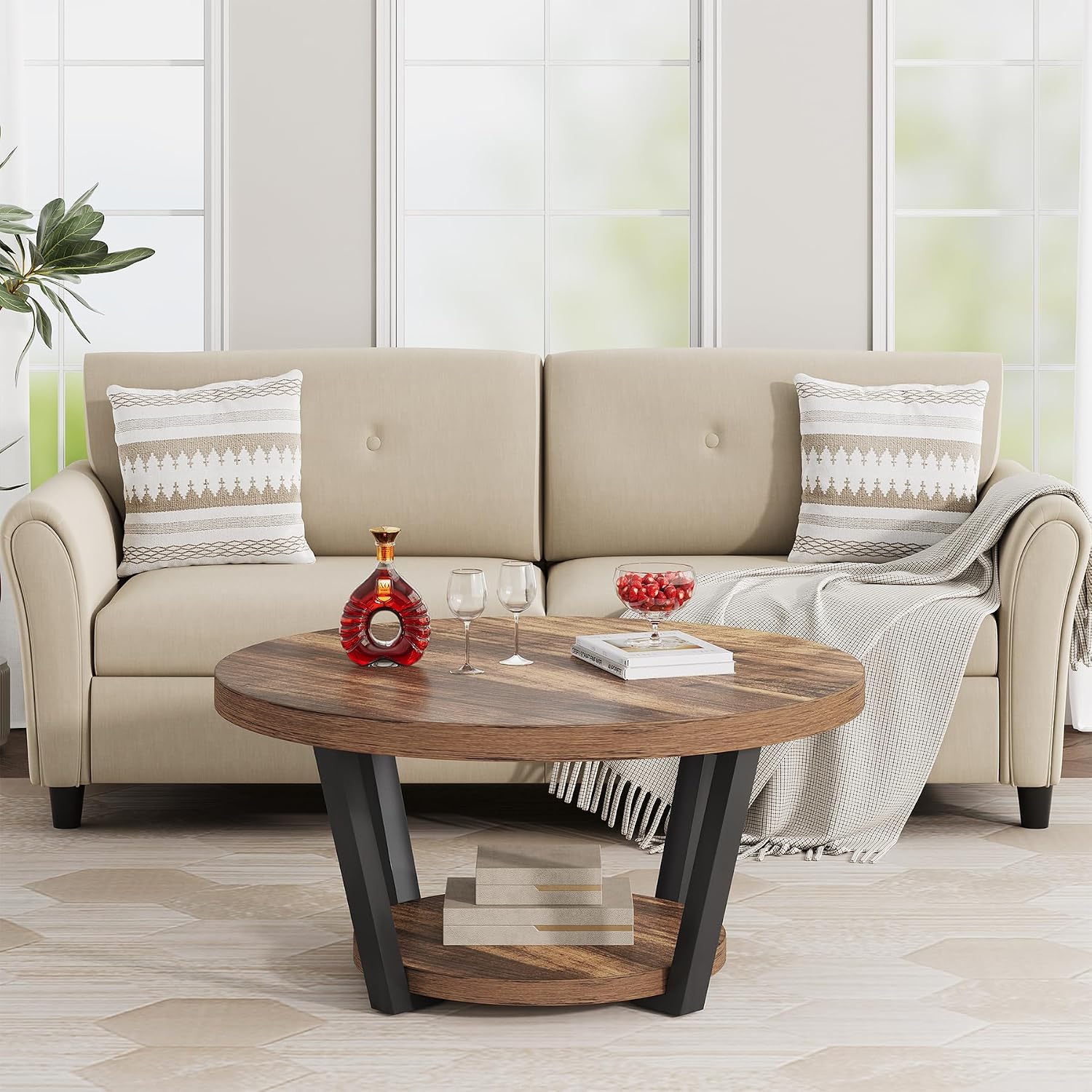 Round Coffee Table with Storage Shelf, 2-Tier Wooden Accent Center Table, Modern Industrial Living Room Furniture, Rustic Brown