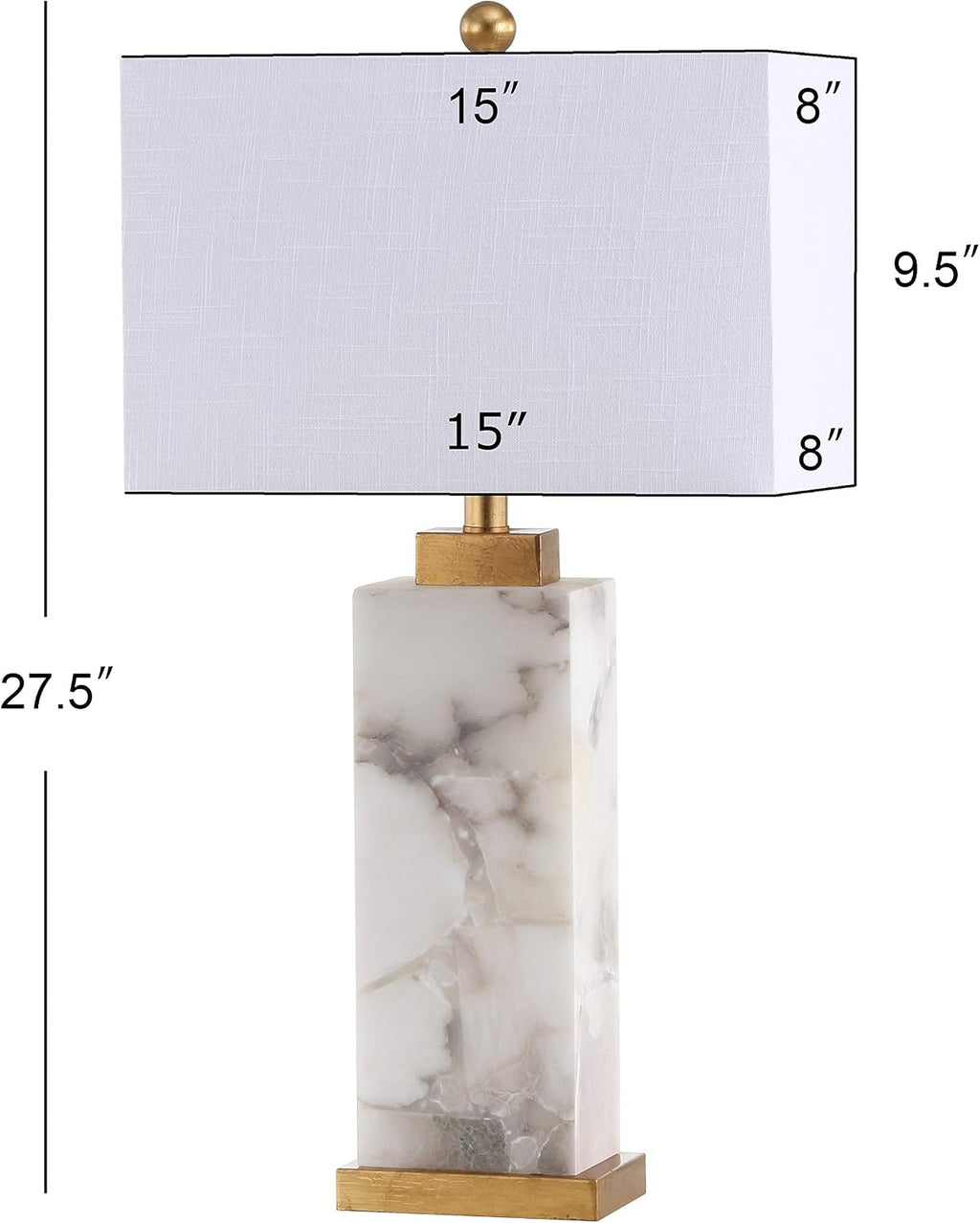 JONATHAN Y 27.5' White/Gold Modern Alabaster Rectangular Table Lamp with Night Light Contemporary Coastal Bedside Lamp for Bedroom with White Linen Shade LED Bulbs Included JYL6201A