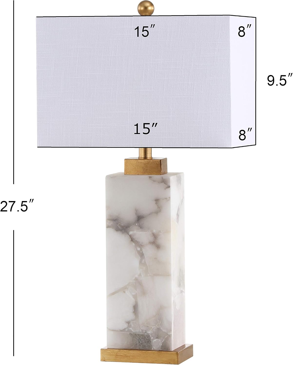JONATHAN Y 27.5' White/Gold Modern Alabaster Rectangular Table Lamp with Night Light Contemporary Coastal Bedside Lamp for Bedroom with White Linen Shade LED Bulbs Included JYL6201A
