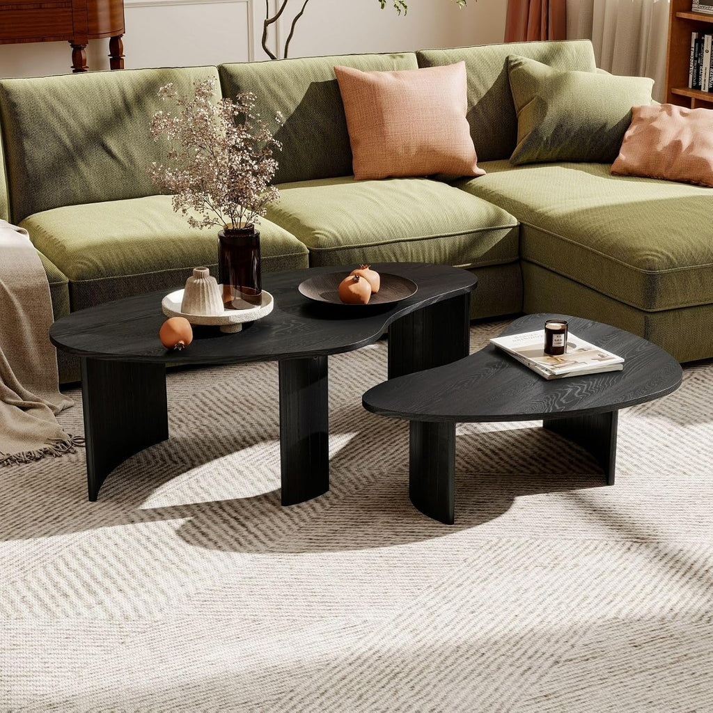 Hyfirm 2-Piece Irregular Mango Nesting Coffee Table Set, Black Solid Wood Coffee Tables with Fluted Legs, Modern Minimalist Accent Tables for Living Room, Bedroom & Small Apartments