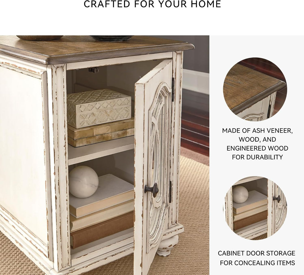 Signature Design by Ashley Realyn Farmhouse Chair Side End Table with Cabinet For Storage, Antique White & Brown